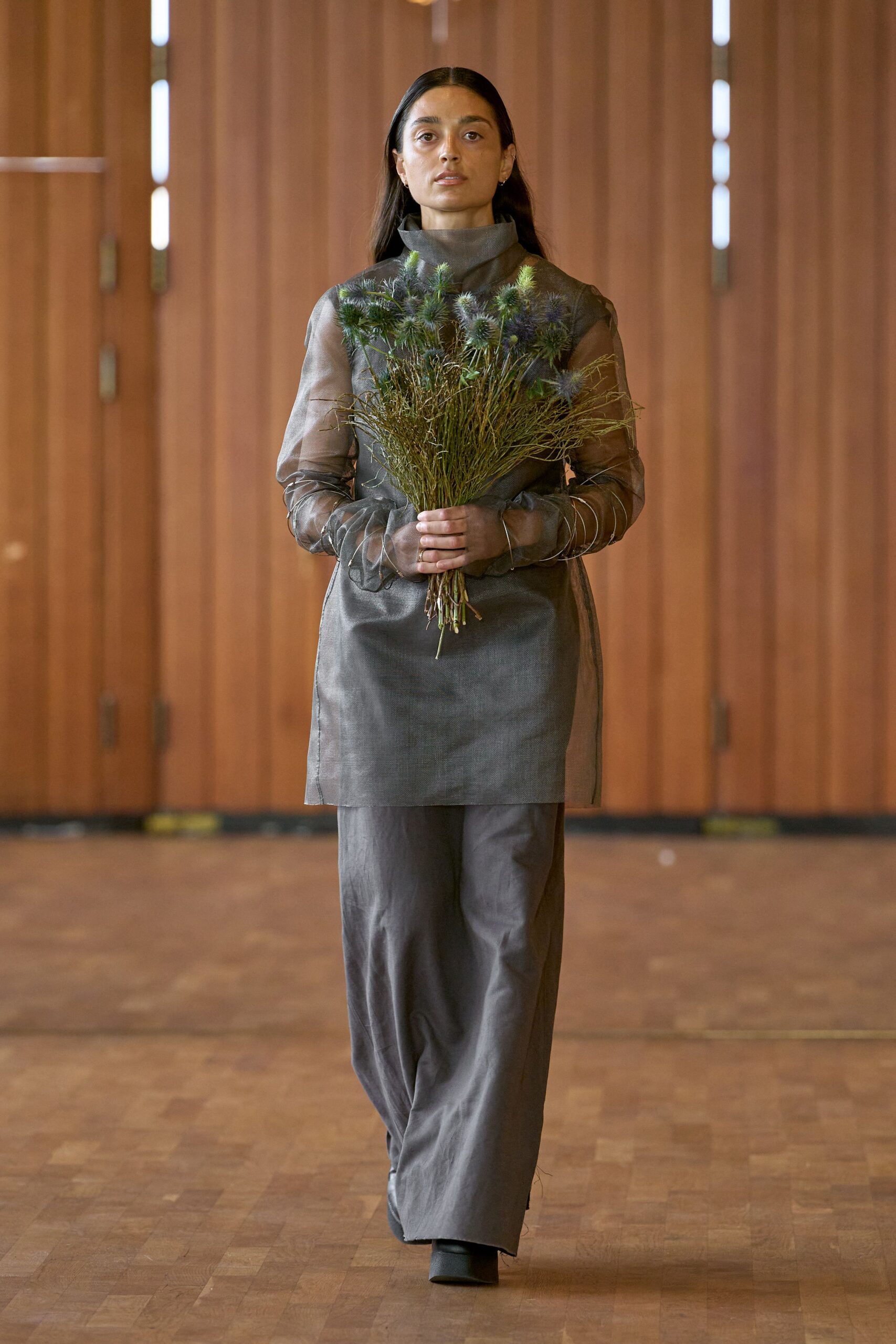 gray silk relaxed straight-leg pants