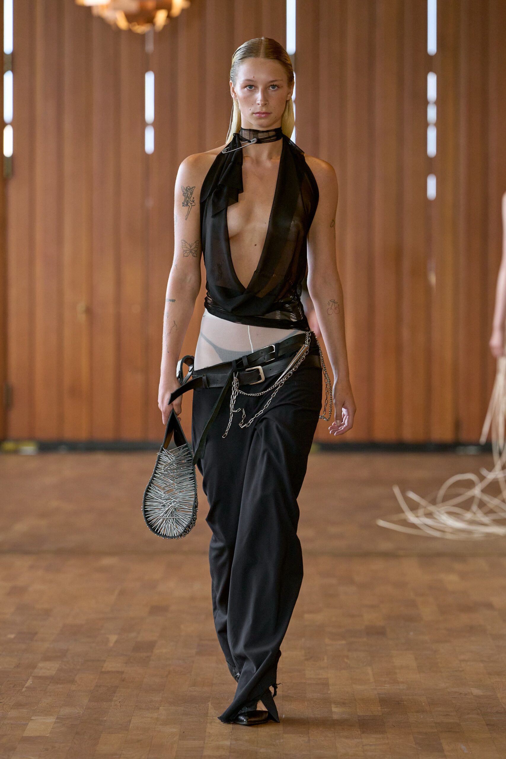 black silk fitted straight-leg pants
