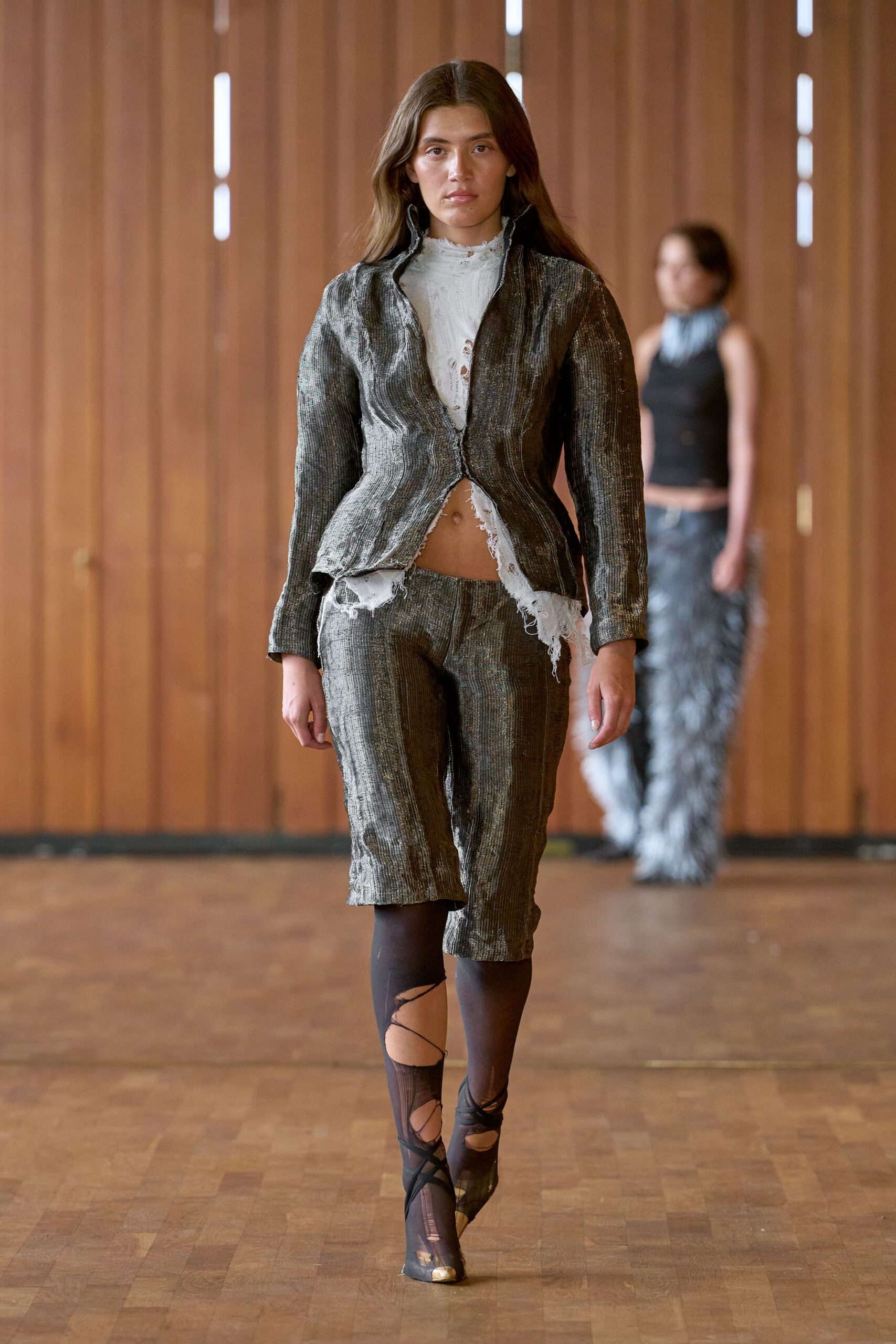 gray silk long-sleeve collared structured zippered jacket