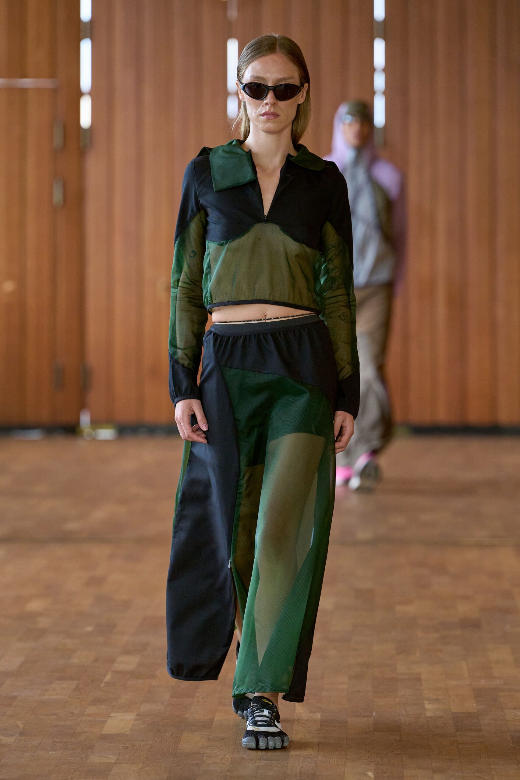 black cotton long-sleeve collared fitted color-blocked sheer top