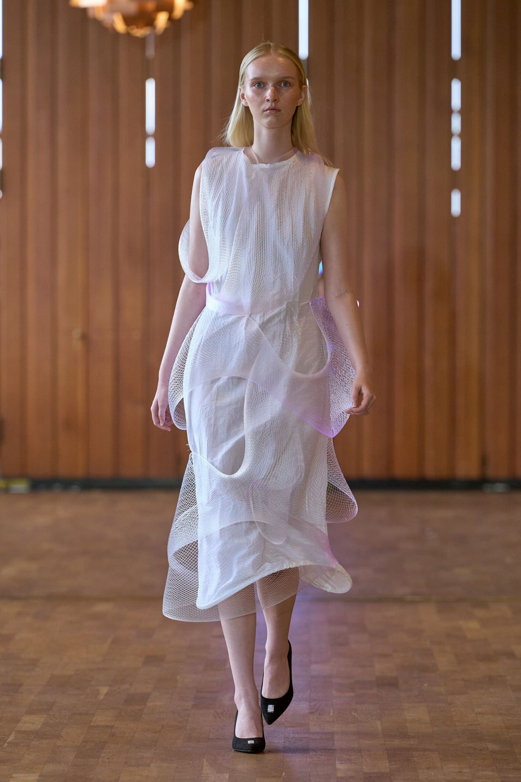white mesh sleeveless v-neck fitted draped sheer dress