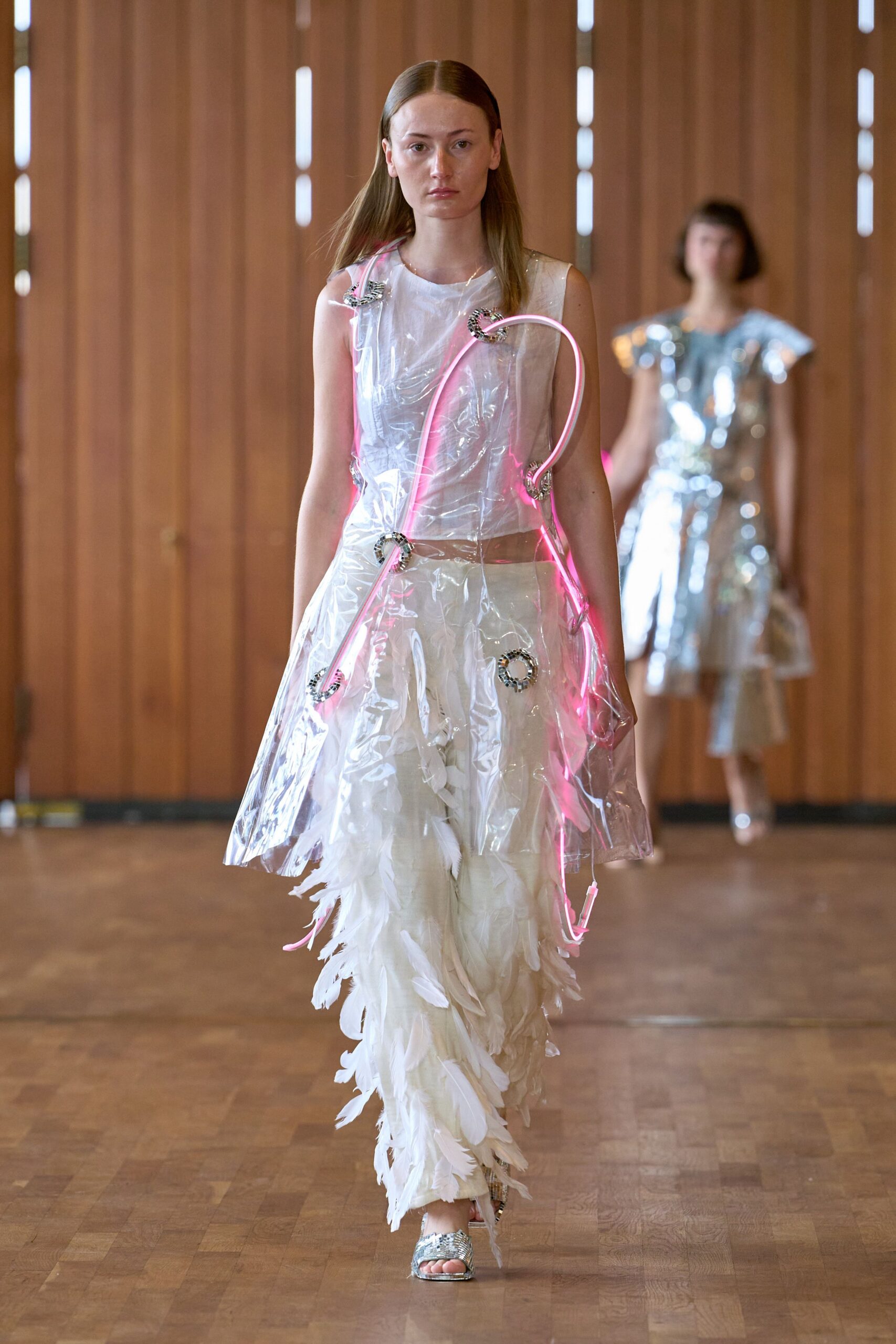 white vinyl sleeveless v-neck fitted fringed sheer dress