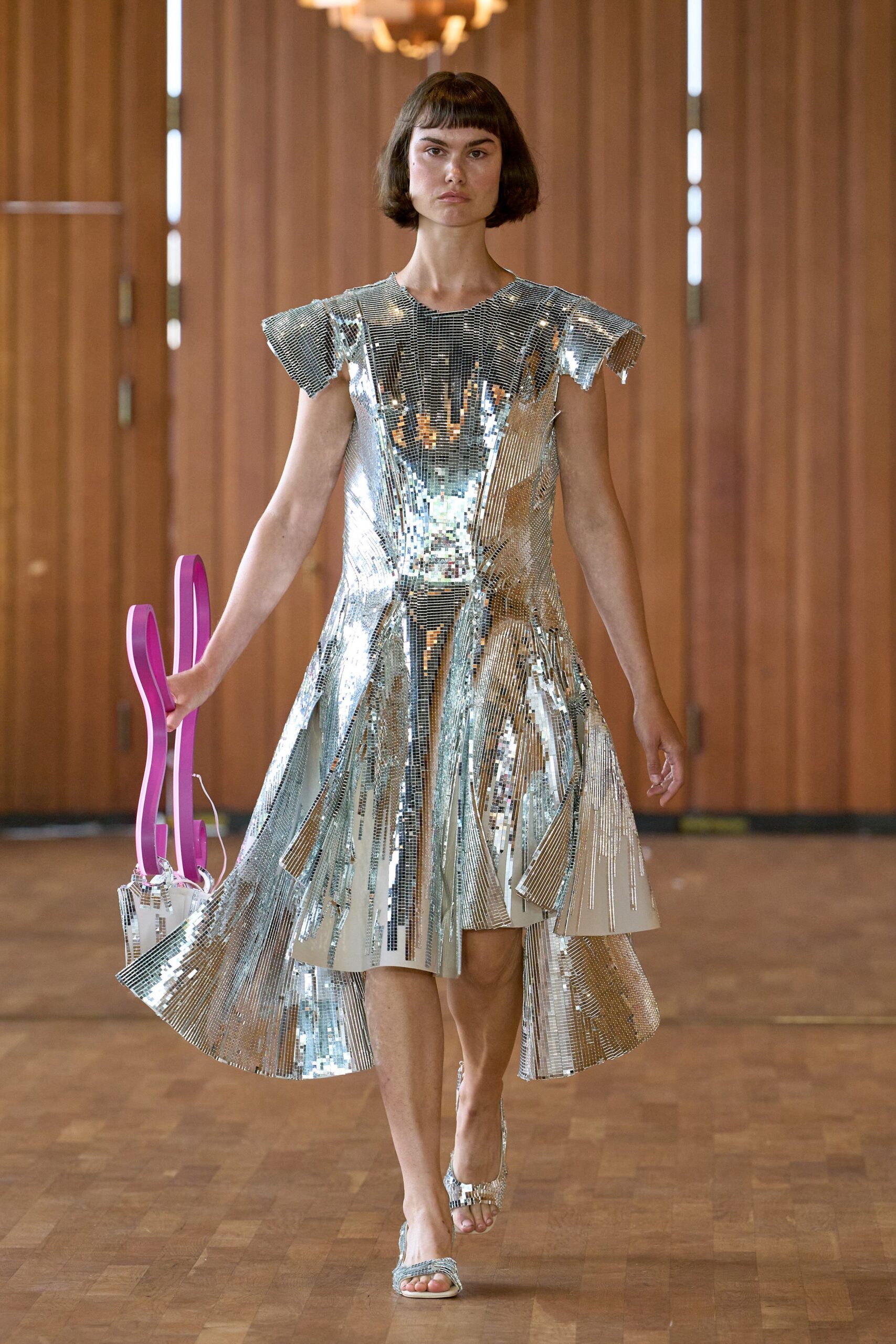 gray metallic high-neck sleeveless embellished panelled dress