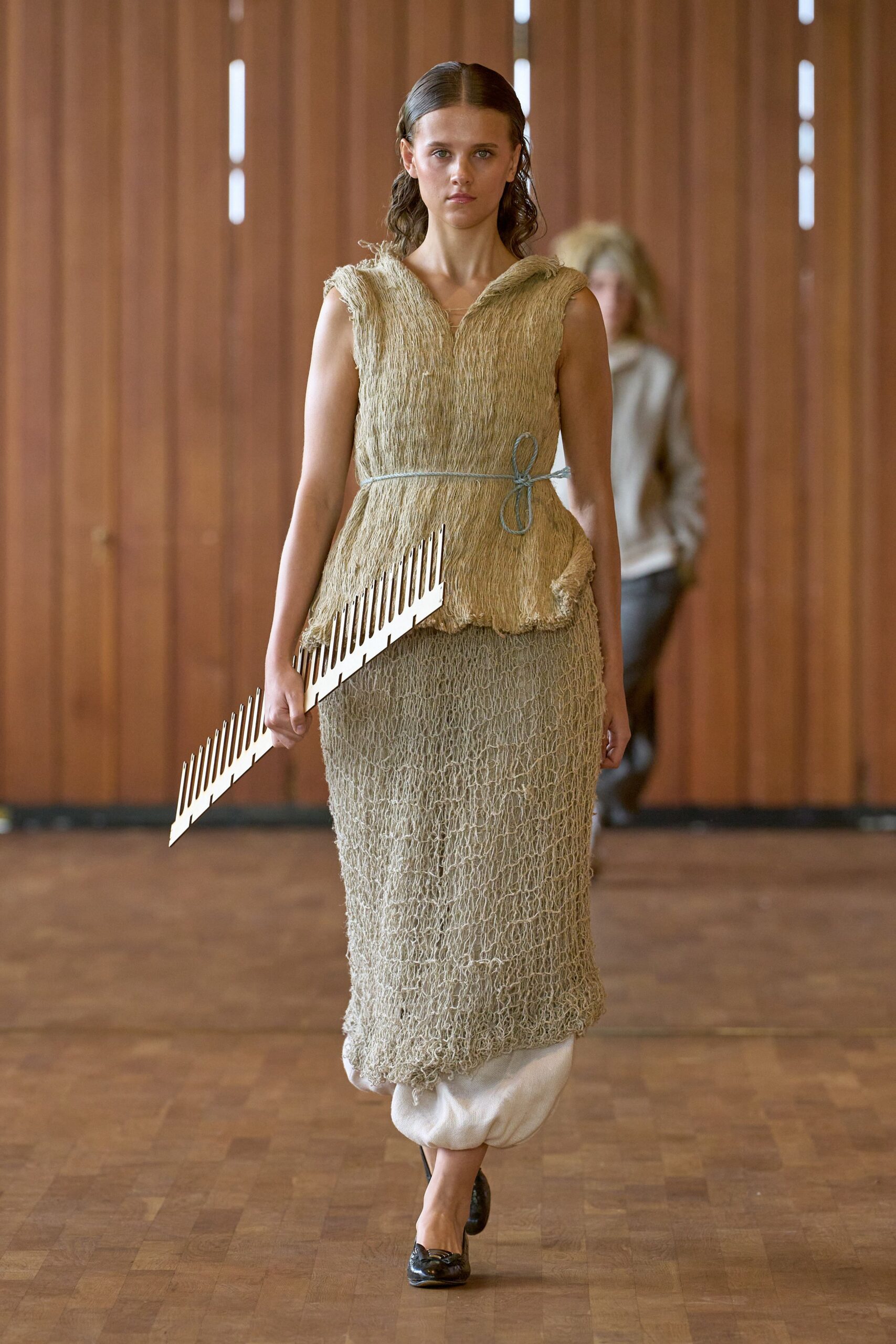 beige cotton sleeveless v-neck fitted layered midi dress