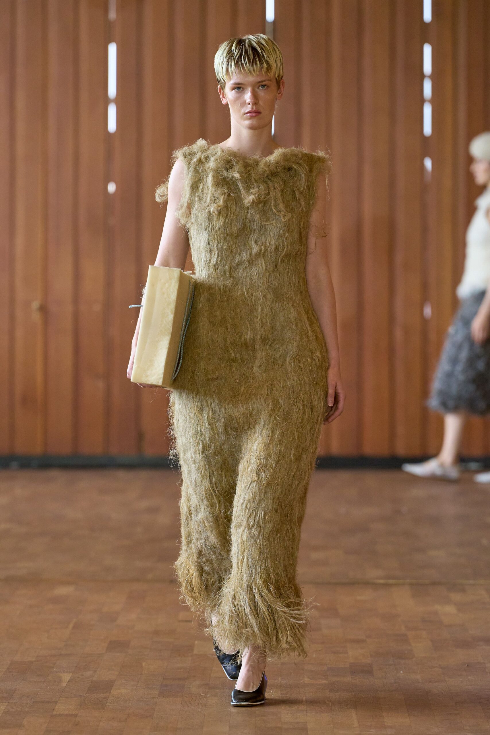 beige fur sleeveless fitted fringed midi dress