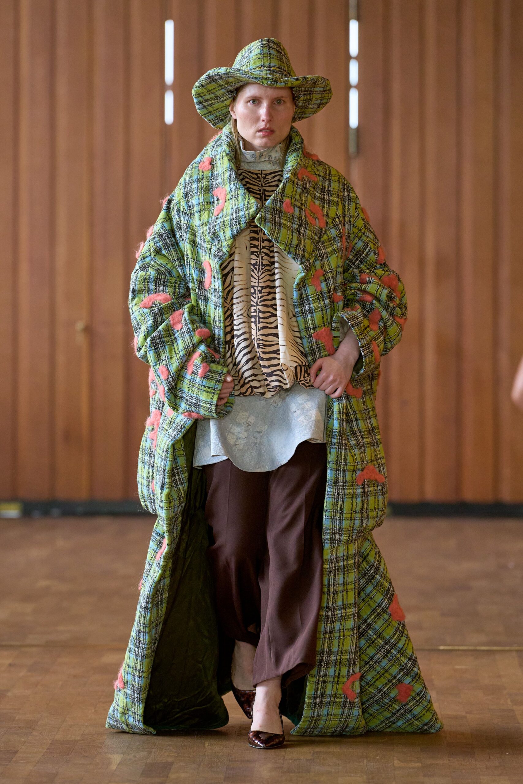 green wool oversized checked layered maxi coat