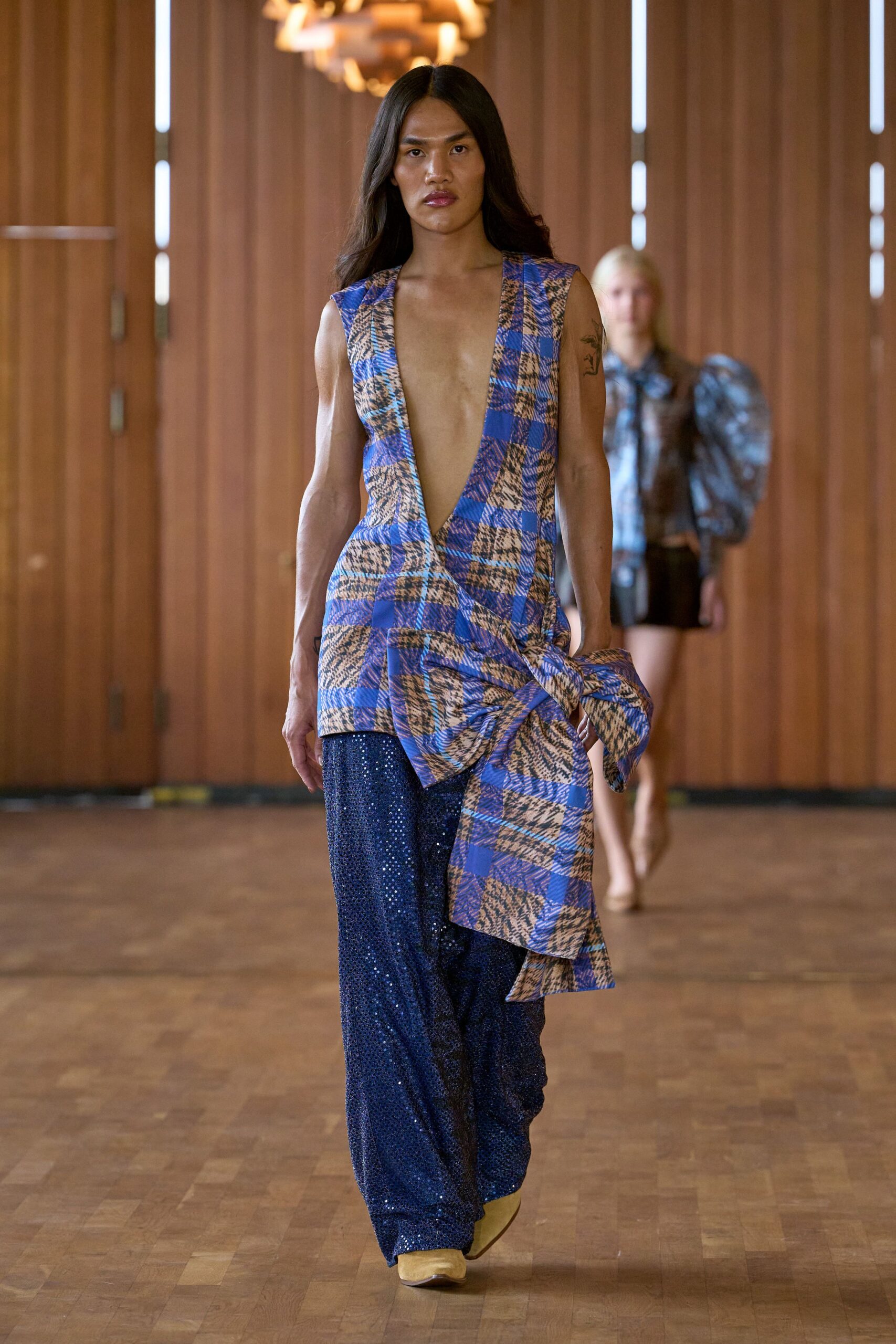 blue silk relaxed wide-leg sequined pants