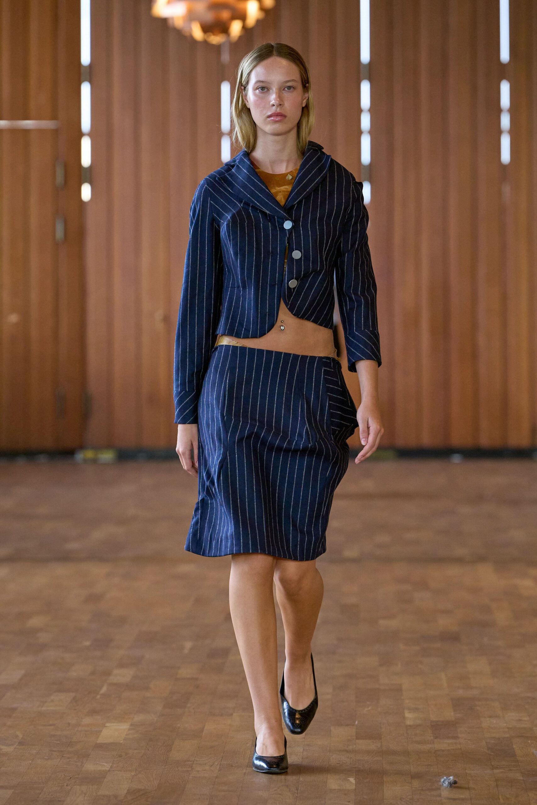 blue cotton fitted striped pencil skirt