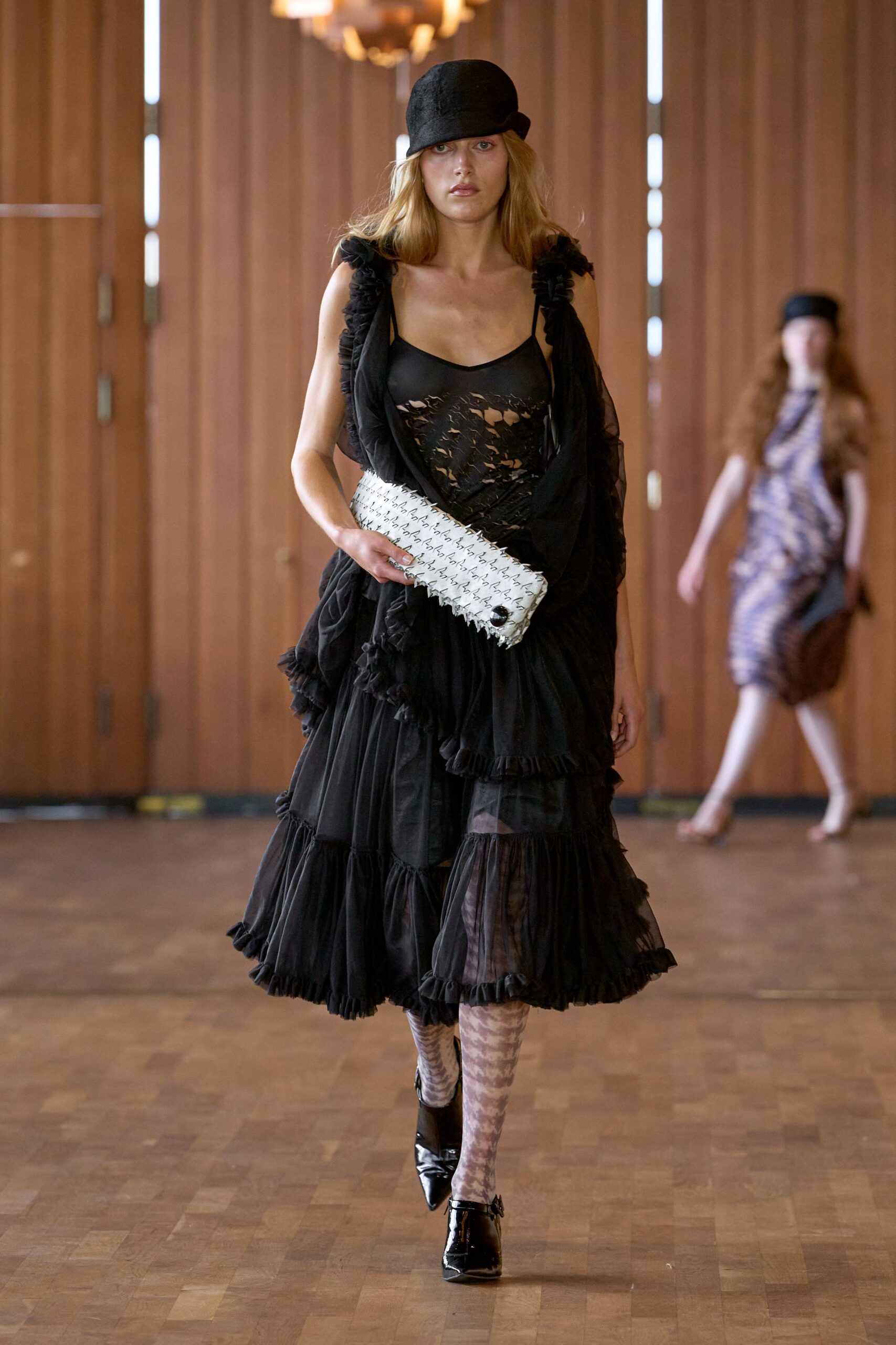 black silk sleeveless v-neck fitted ruffled tiered dress