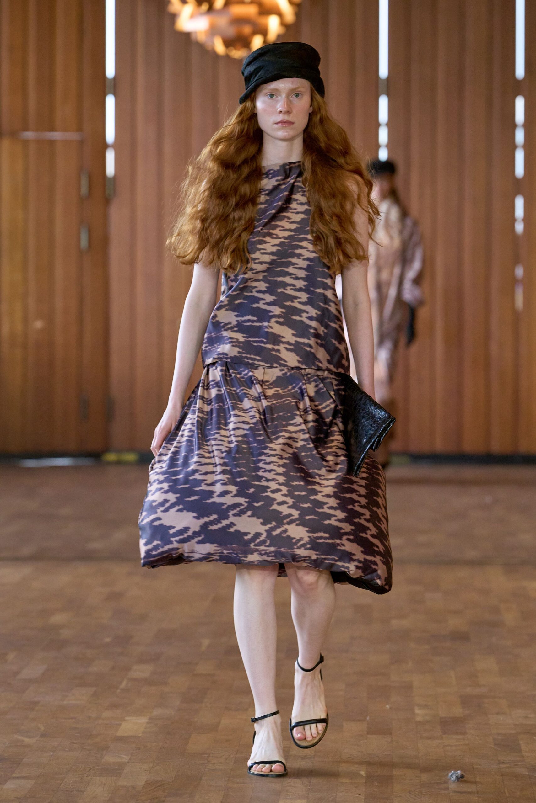 brown silk sleeveless high-neck relaxed tiered midi dress