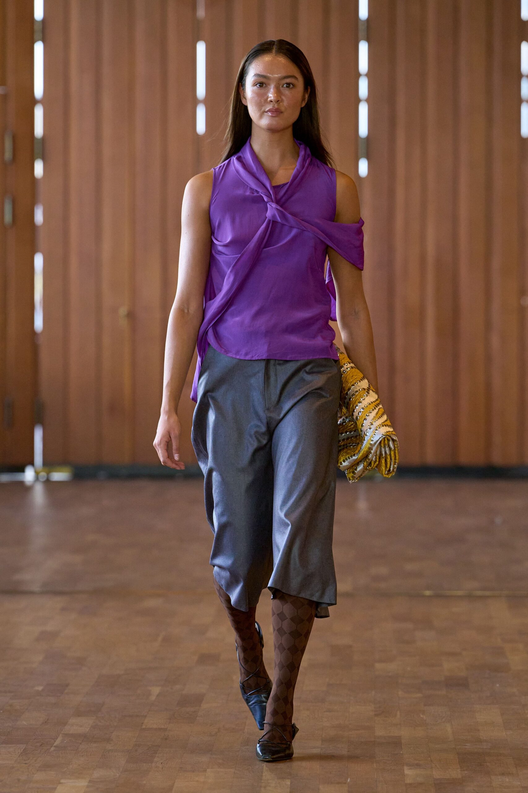purple silk sleeveless v-neck fitted draped top