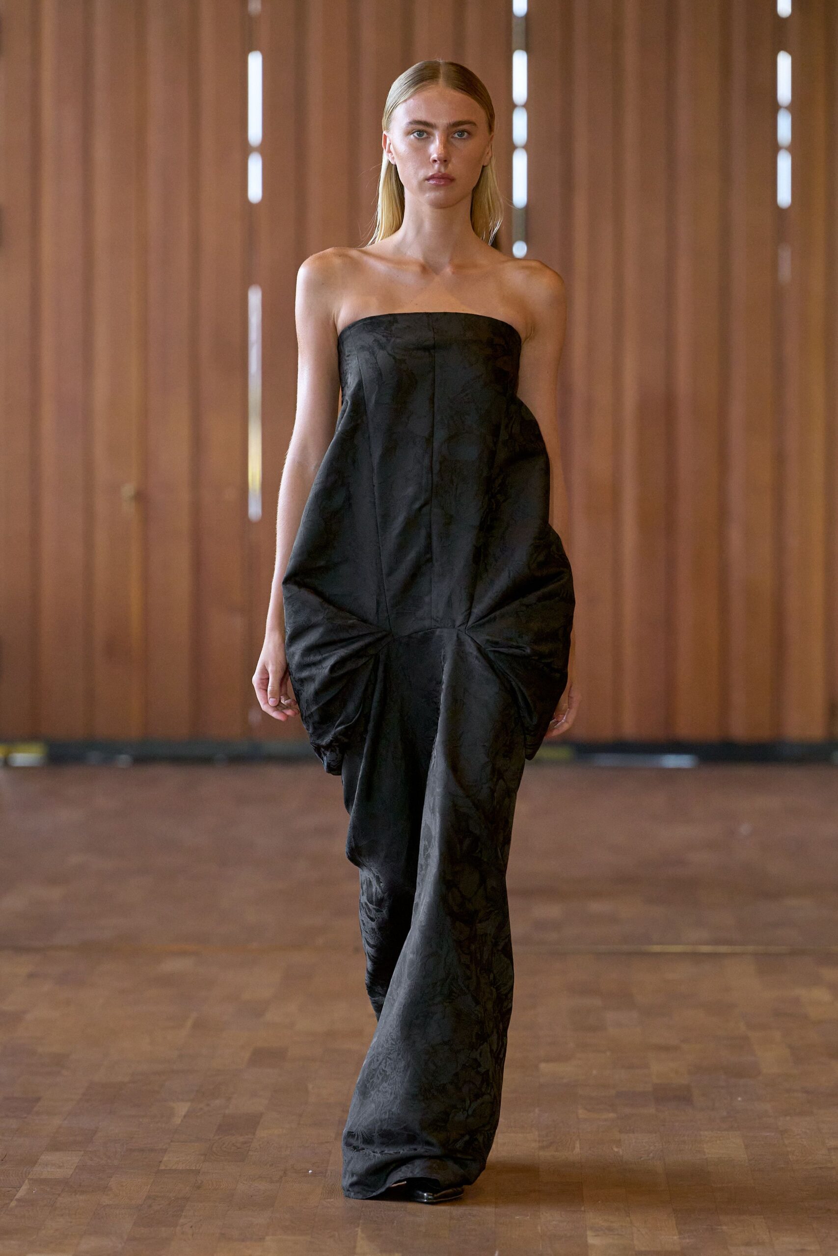 black silk strapless gown