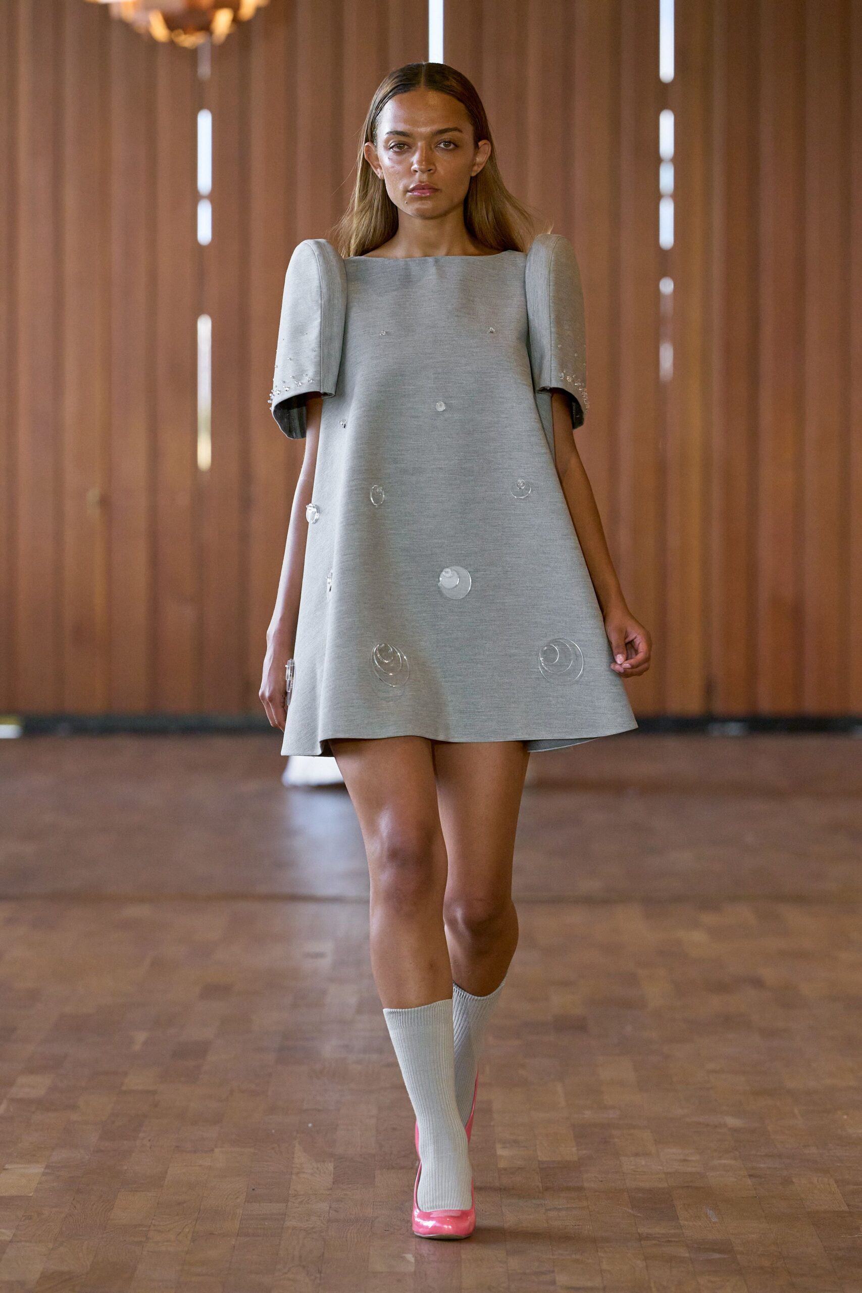 gray cotton short-sleeve square-neck relaxed embroidered a-line dress