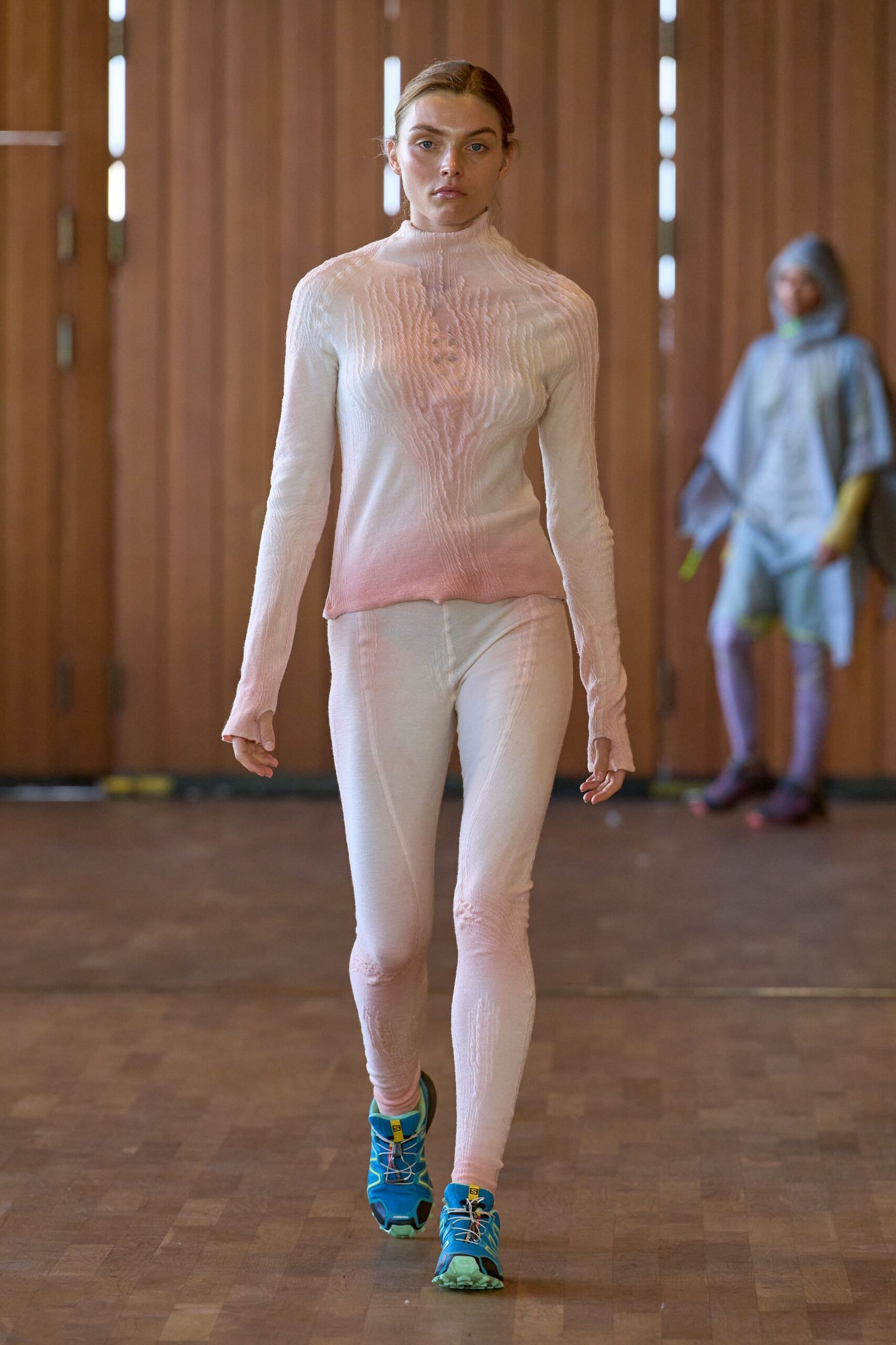 pink cotton fitted textured pants