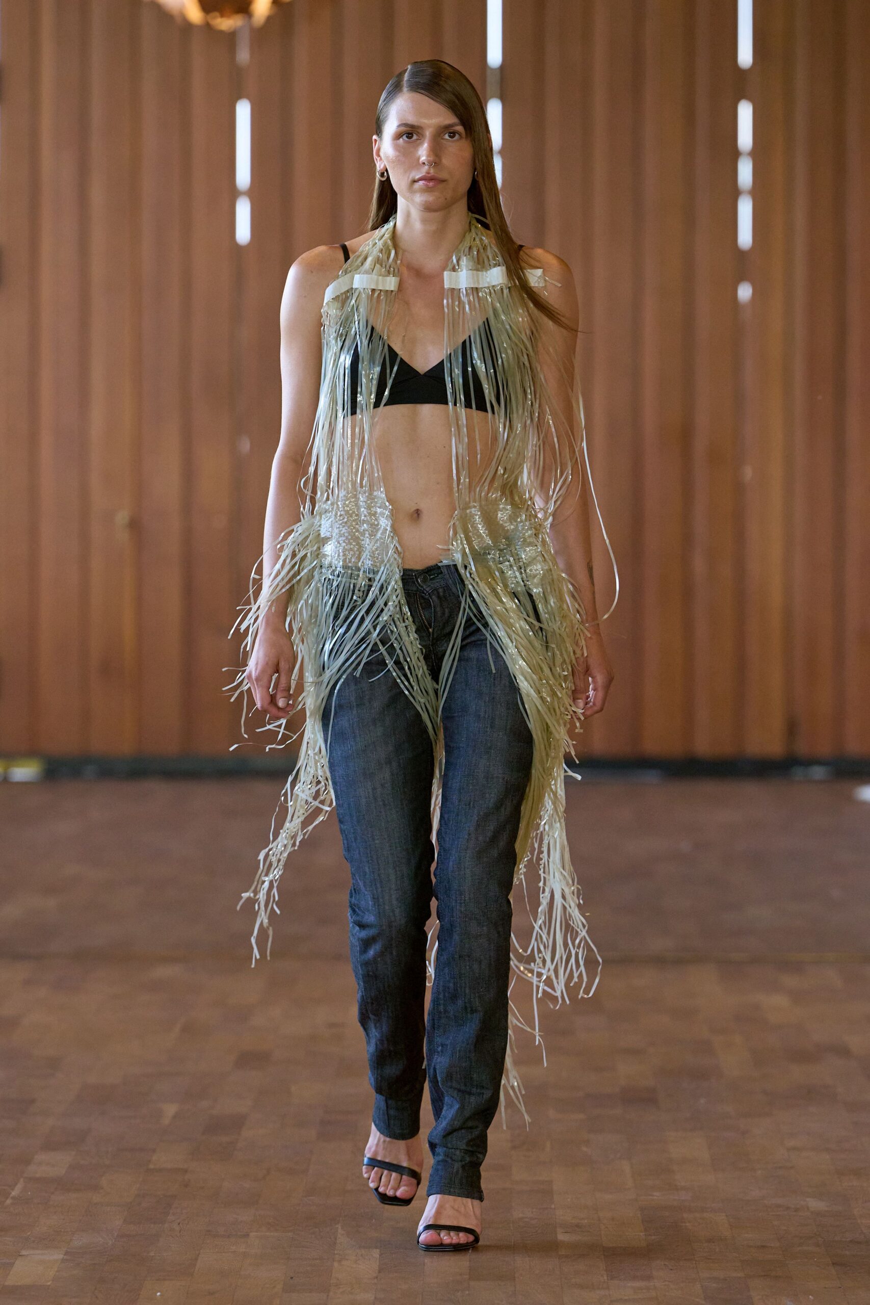 black silk sleeveless fitted fringed top