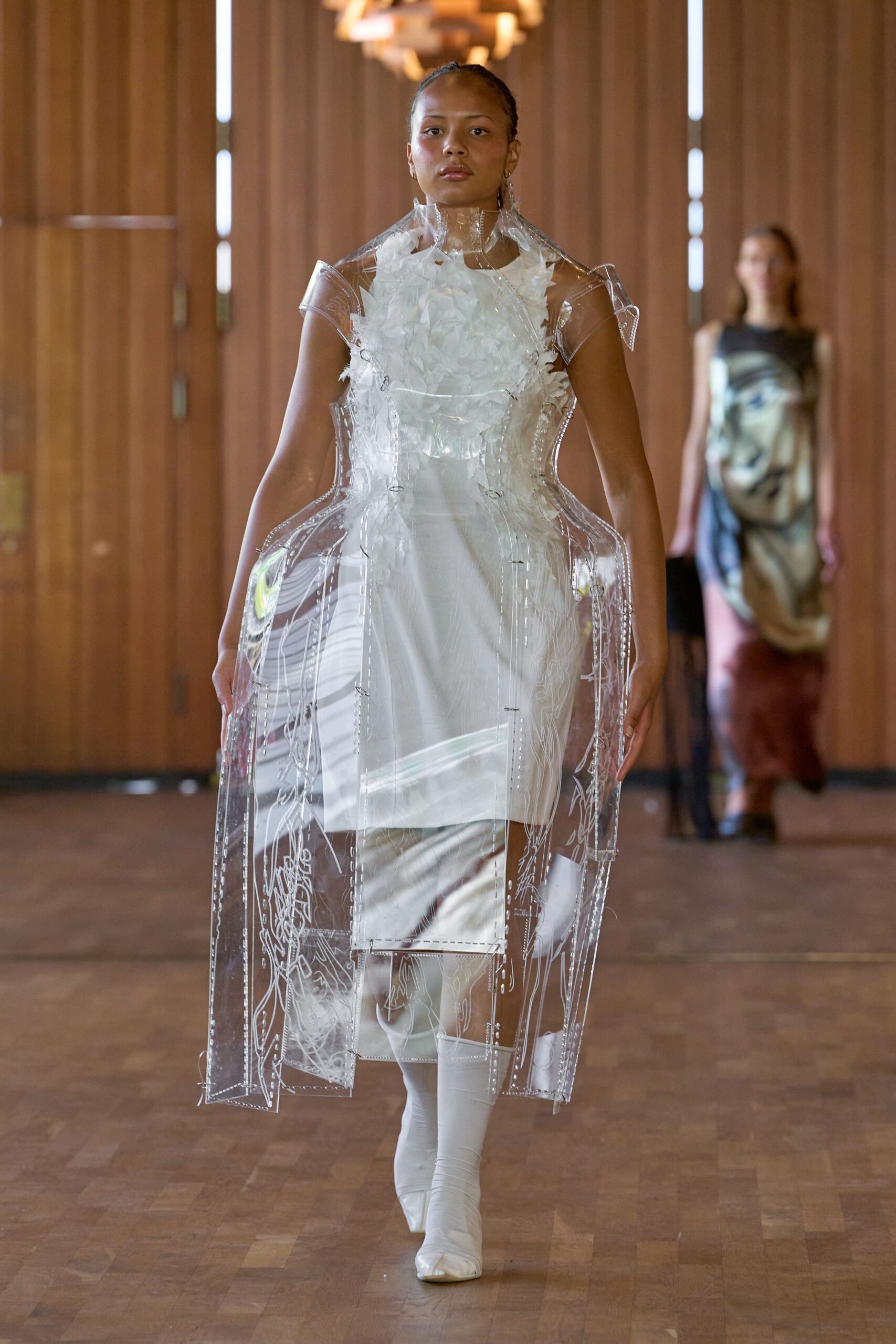 white silk sleeveless high-neck fitted pleated embroidered dress