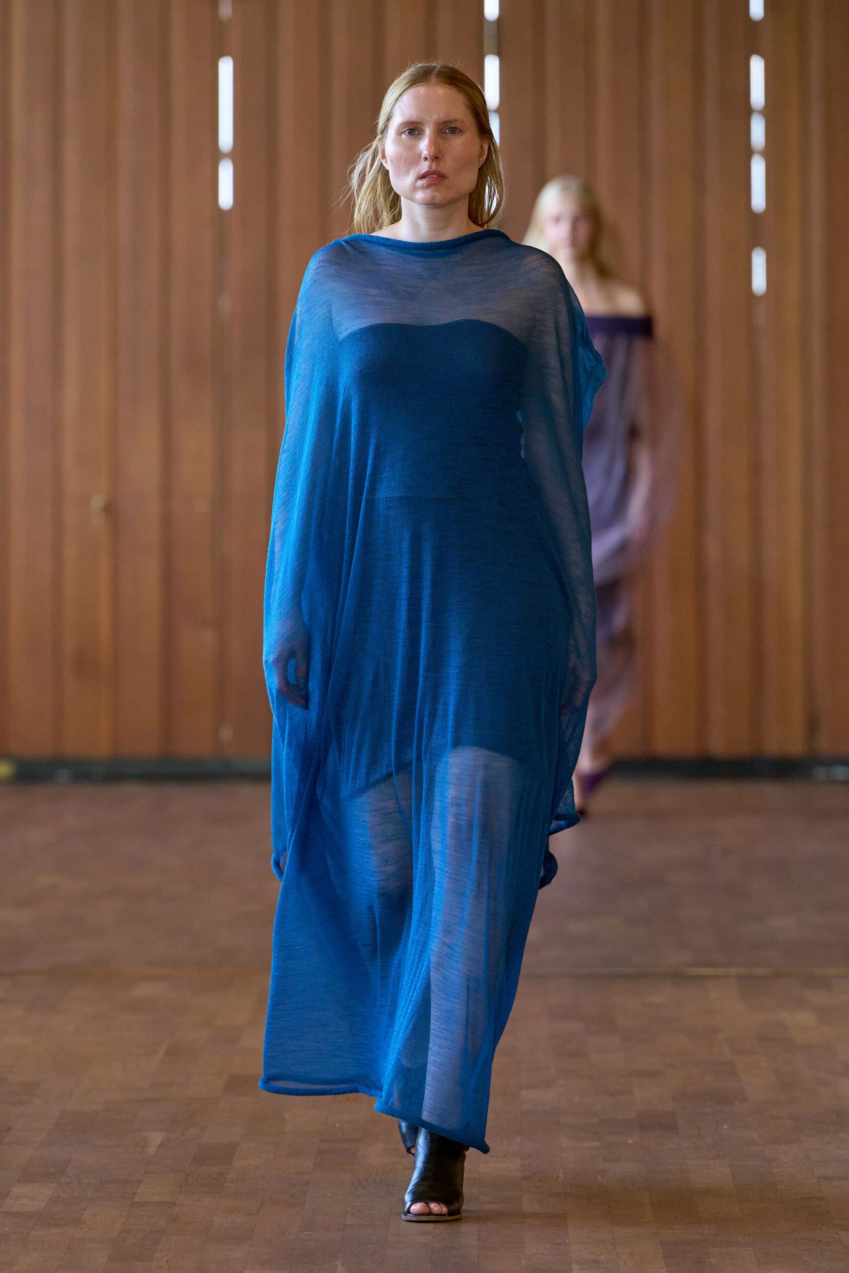 blue chiffon sleeveless high-neck relaxed sheer flowing dress