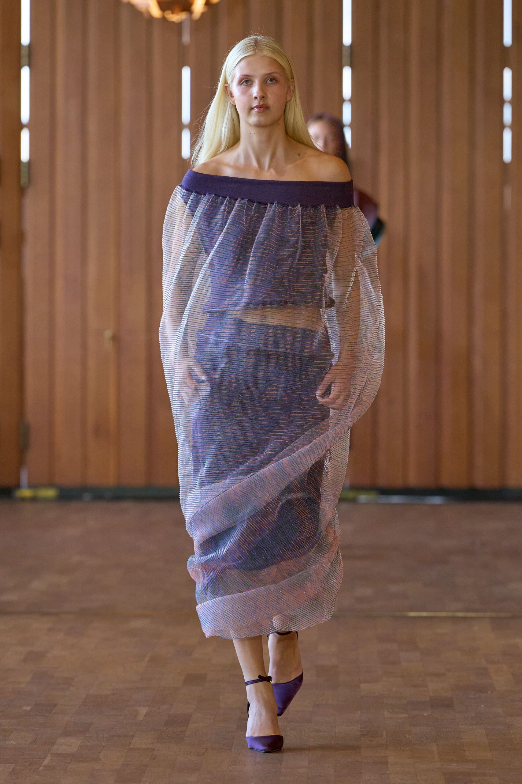 purple chiffon off-shoulder relaxed layered flowing midi dress