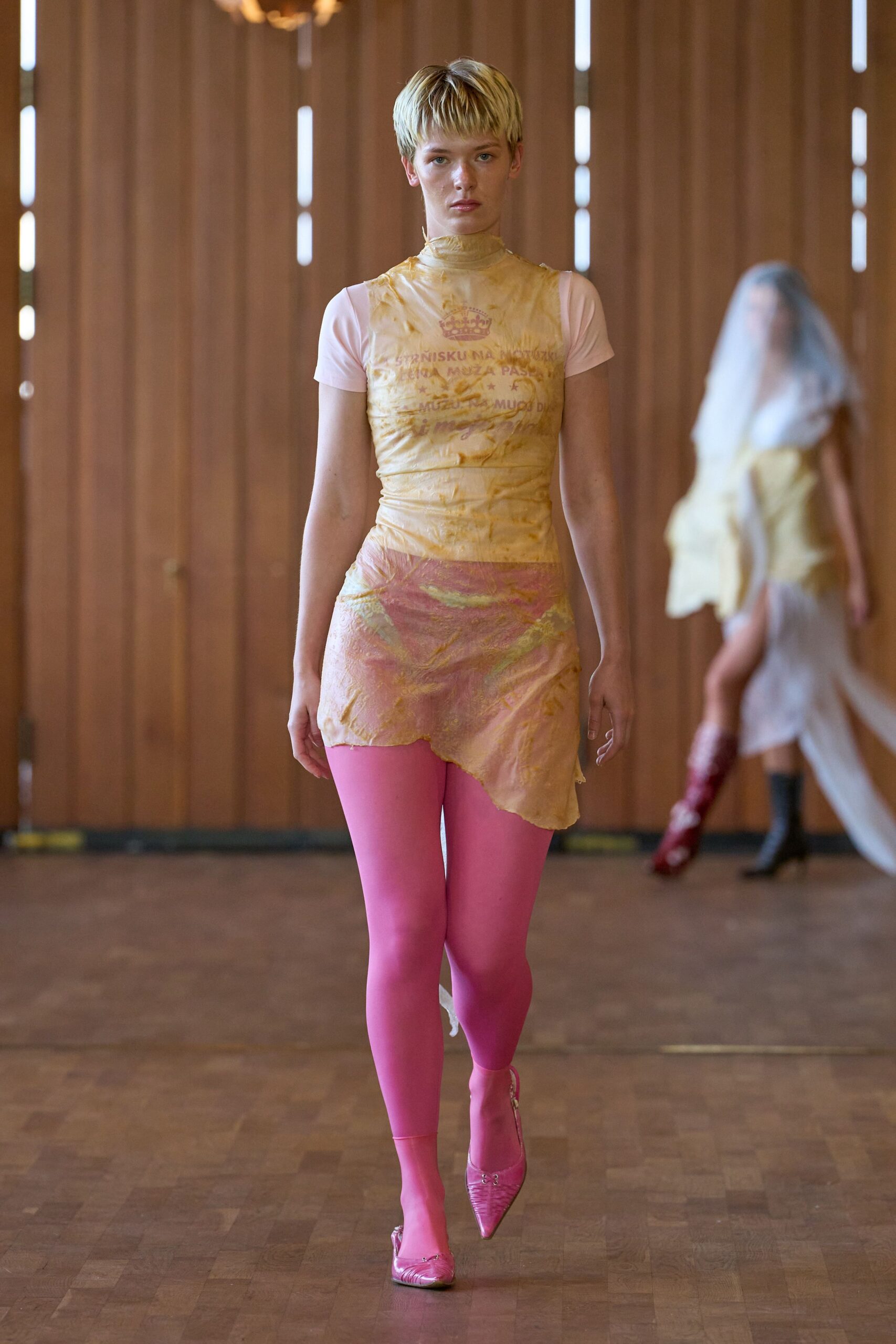 pink silk sleeveless high-neck fitted layered mini dress