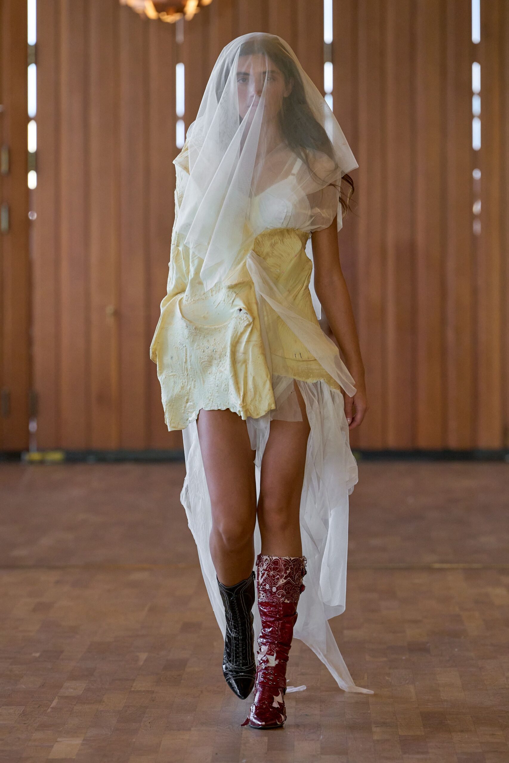 yellow silk sleeveless v-neck fitted layered sheer dress