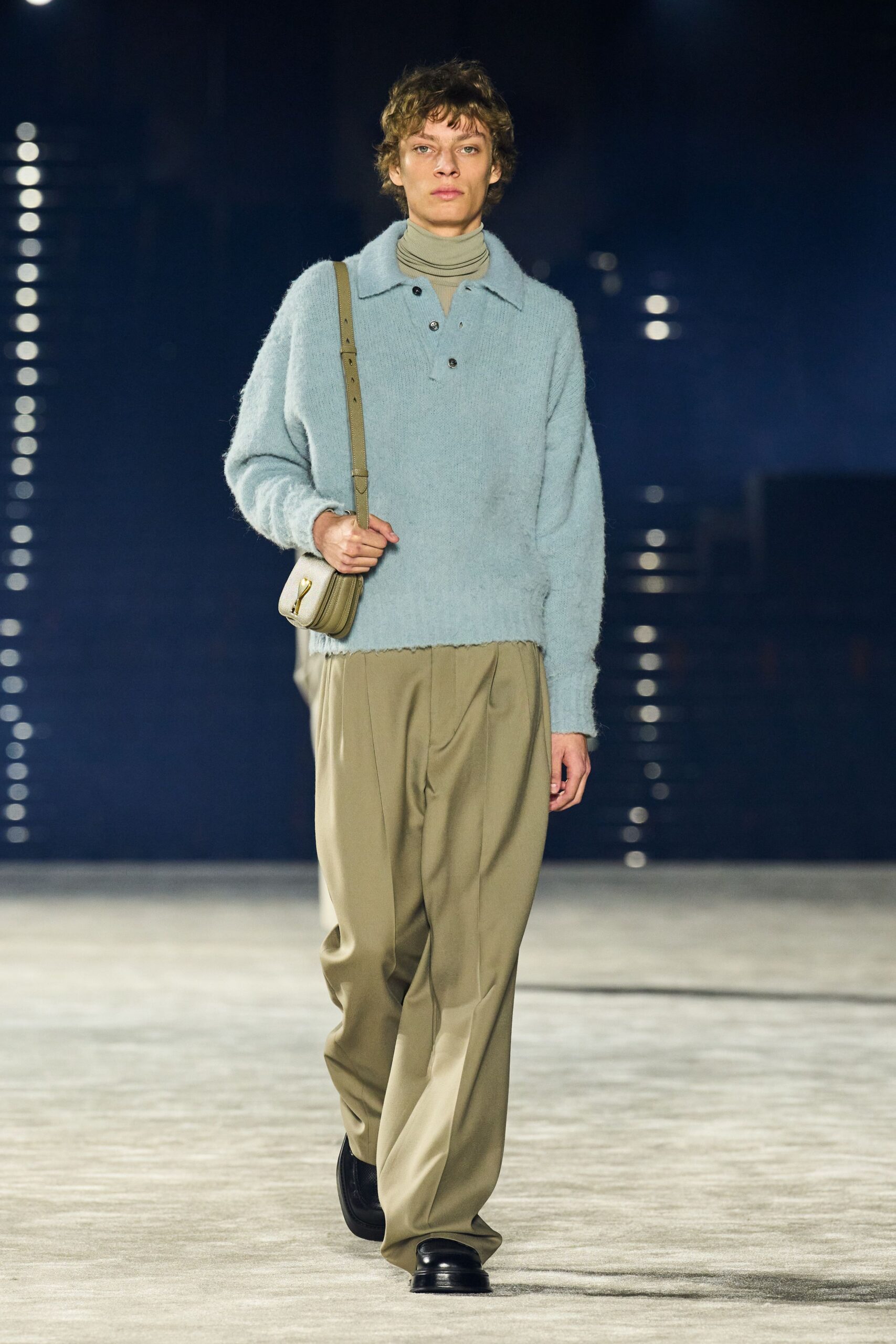 blue knit long-sleeve collared relaxed buttoned textured sweater