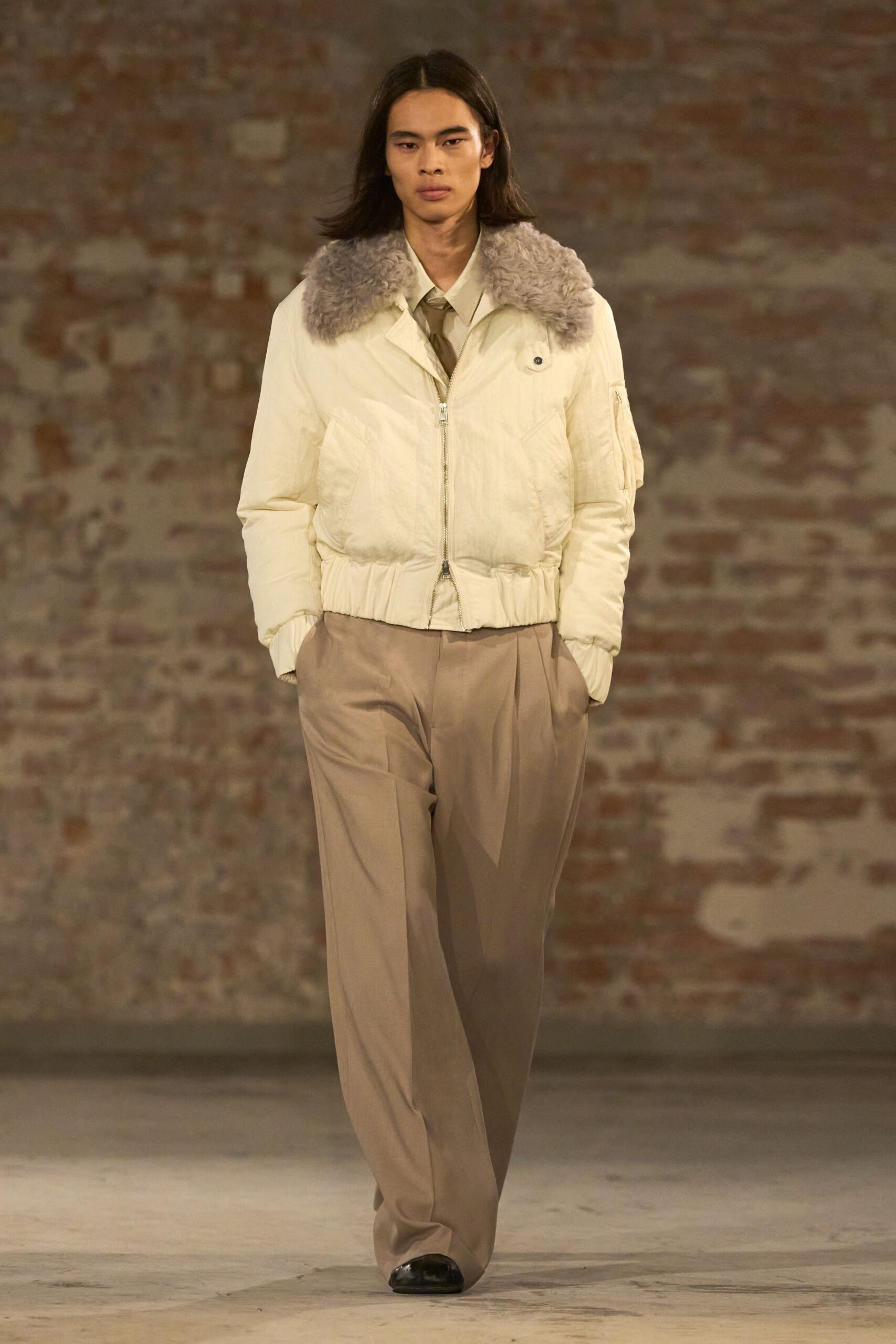 ivory nylon long-sleeve collared relaxed zippered pockets jacket