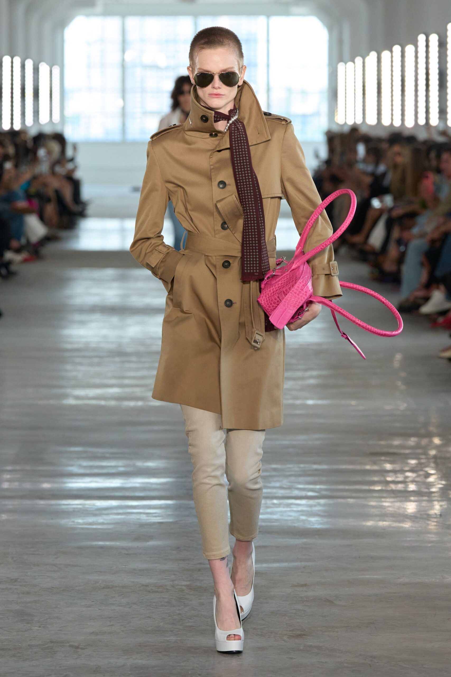 beige belted trench coat