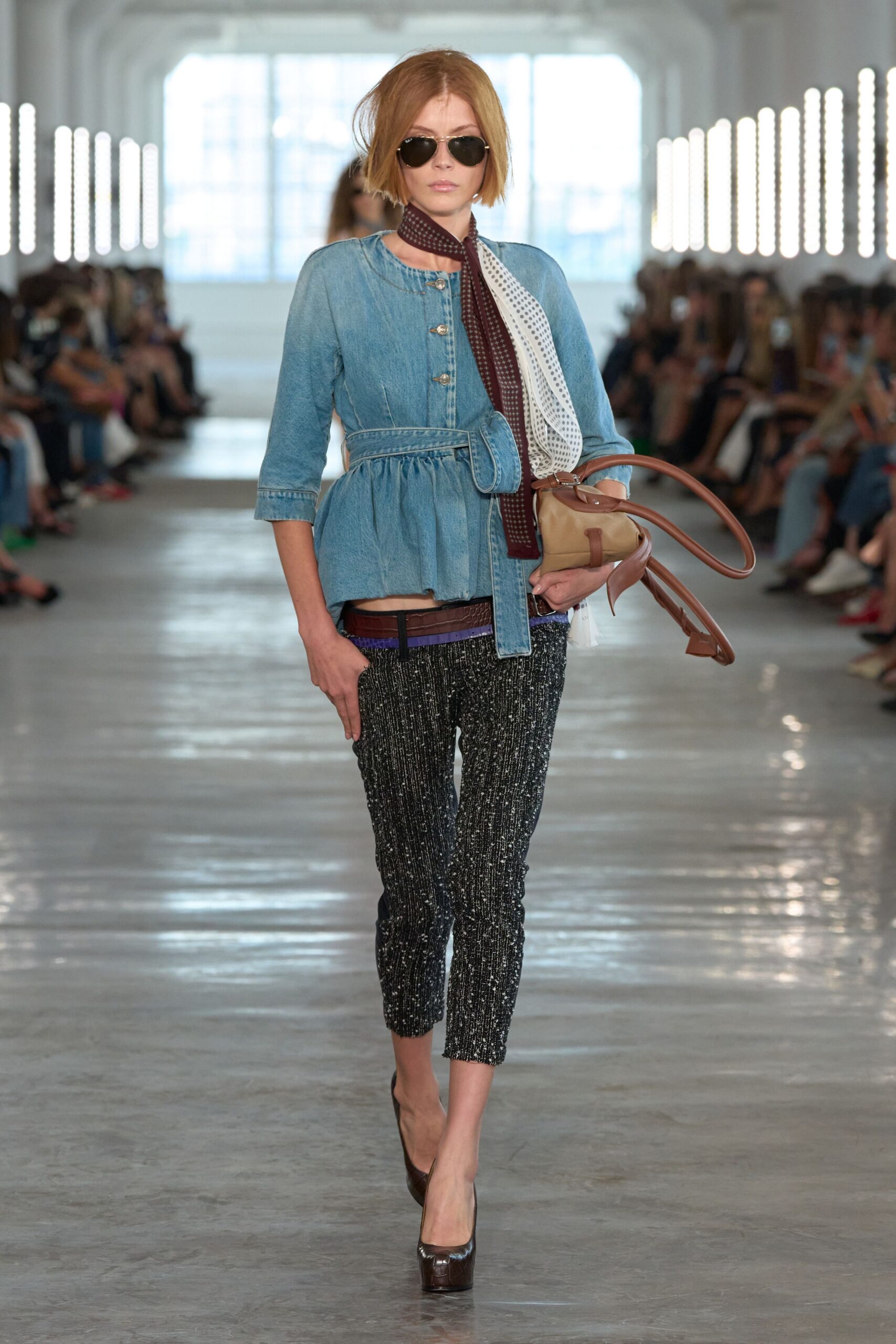 denim peplum top with sash belt