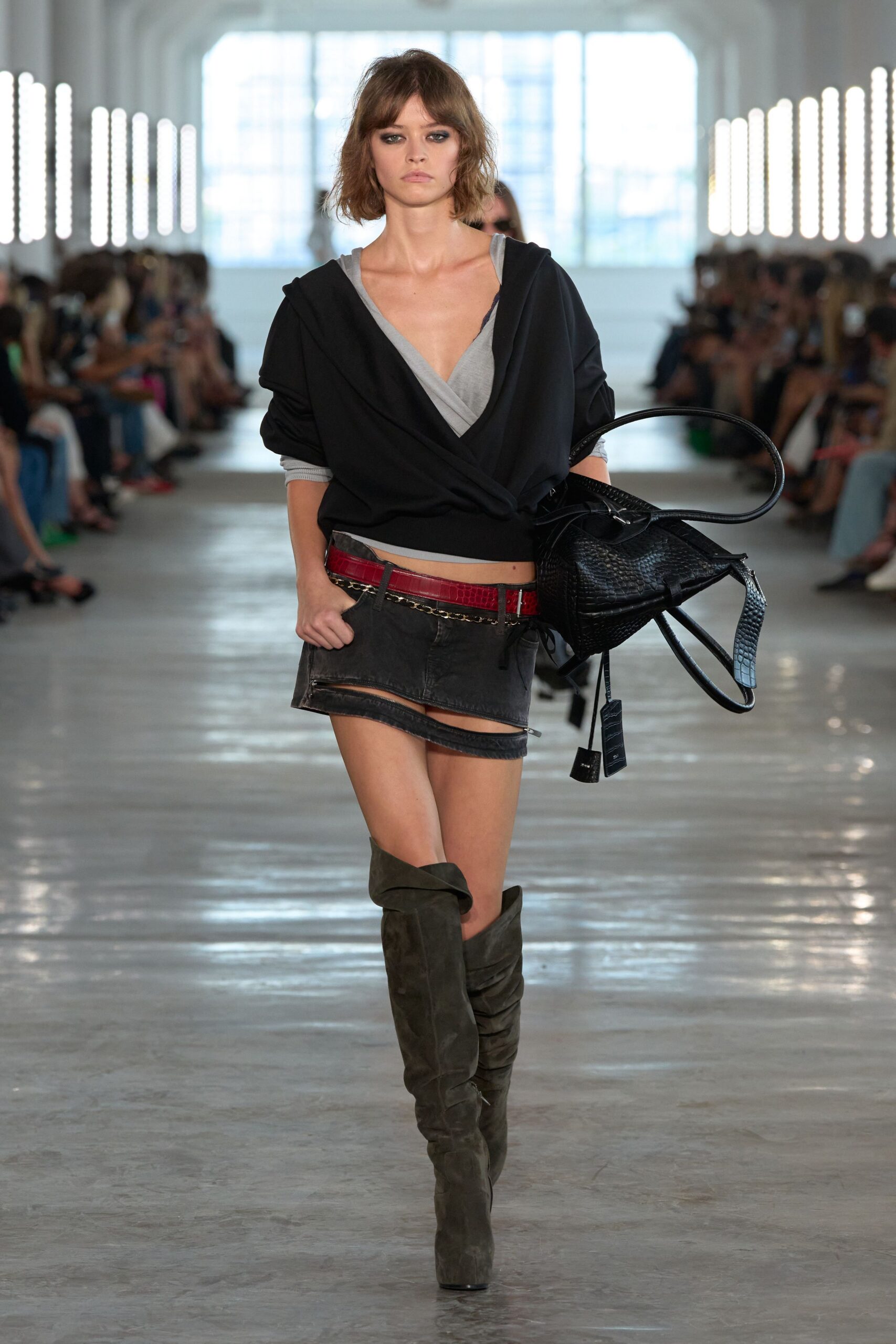deconstructed denim mini skirt