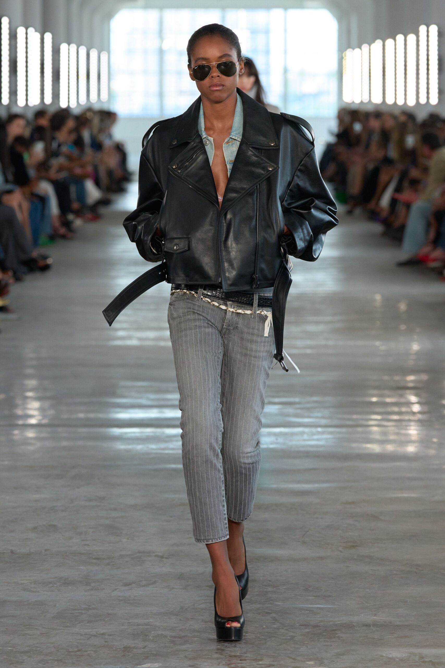 oversized black leather moto jacket
