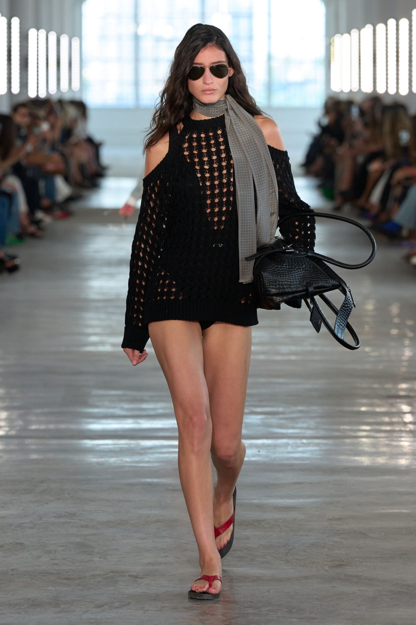 black open-knit cold-shoulder sweater