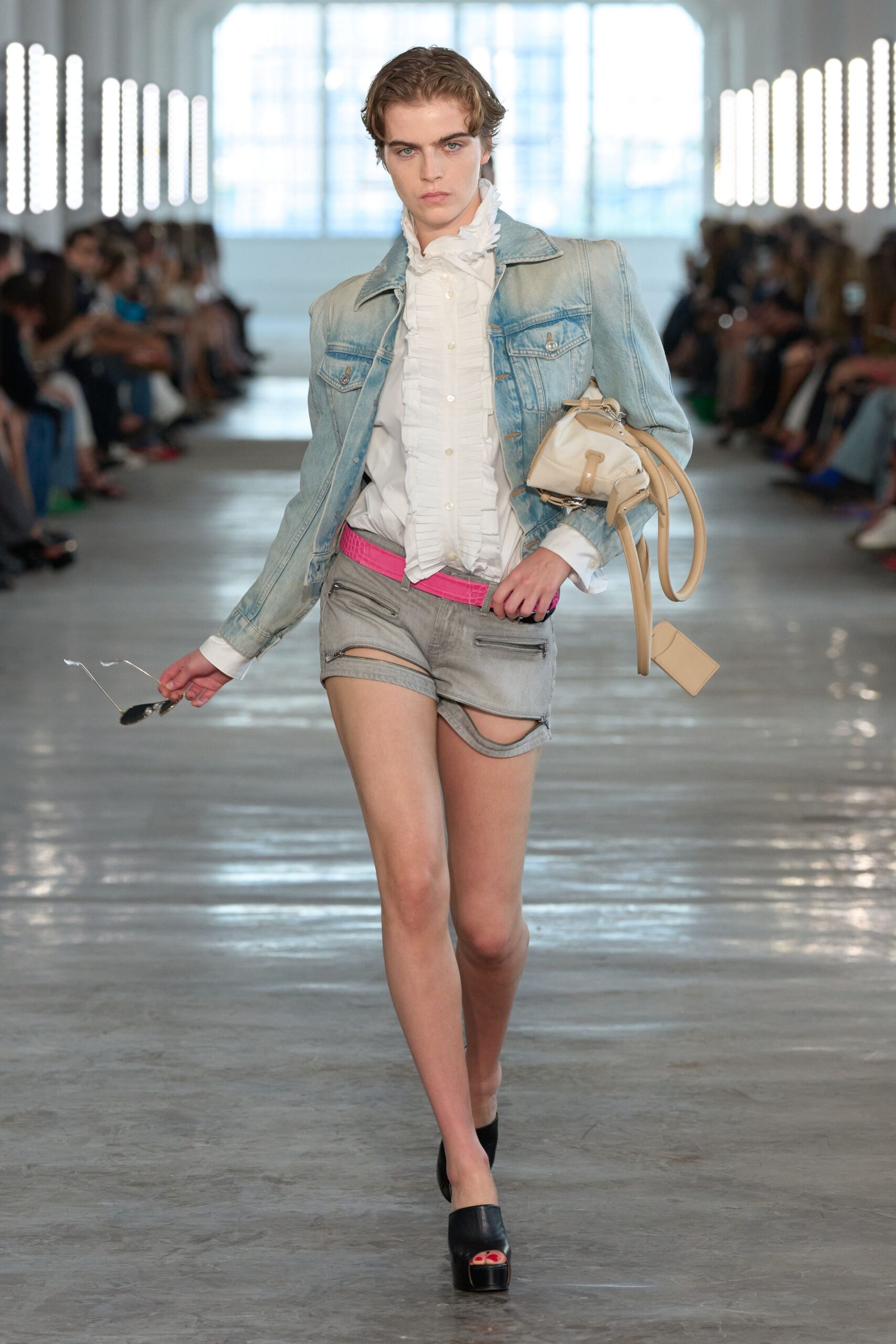 ruffled white high-neck shirt