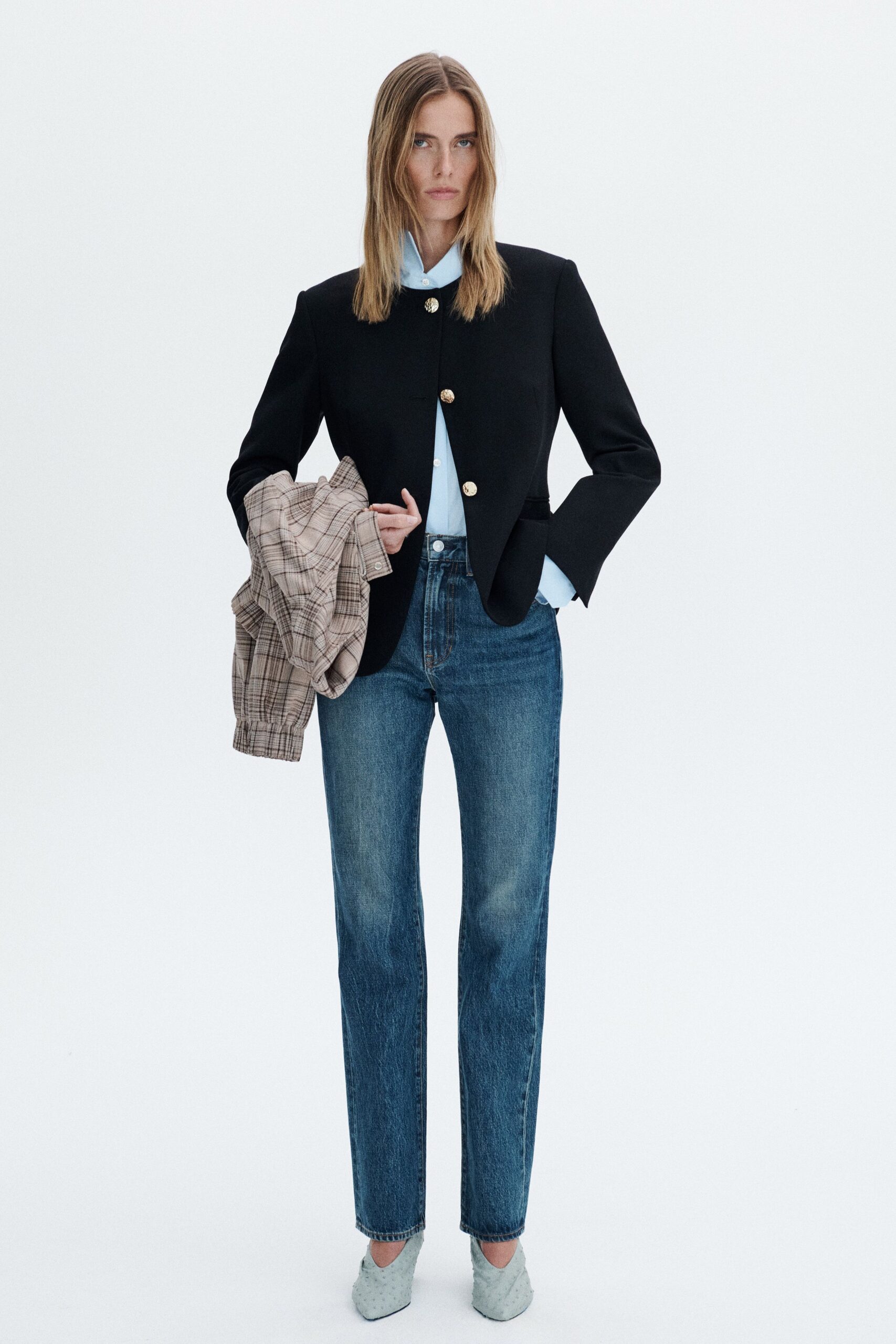 beige unknown collared long-sleeve checked jacket