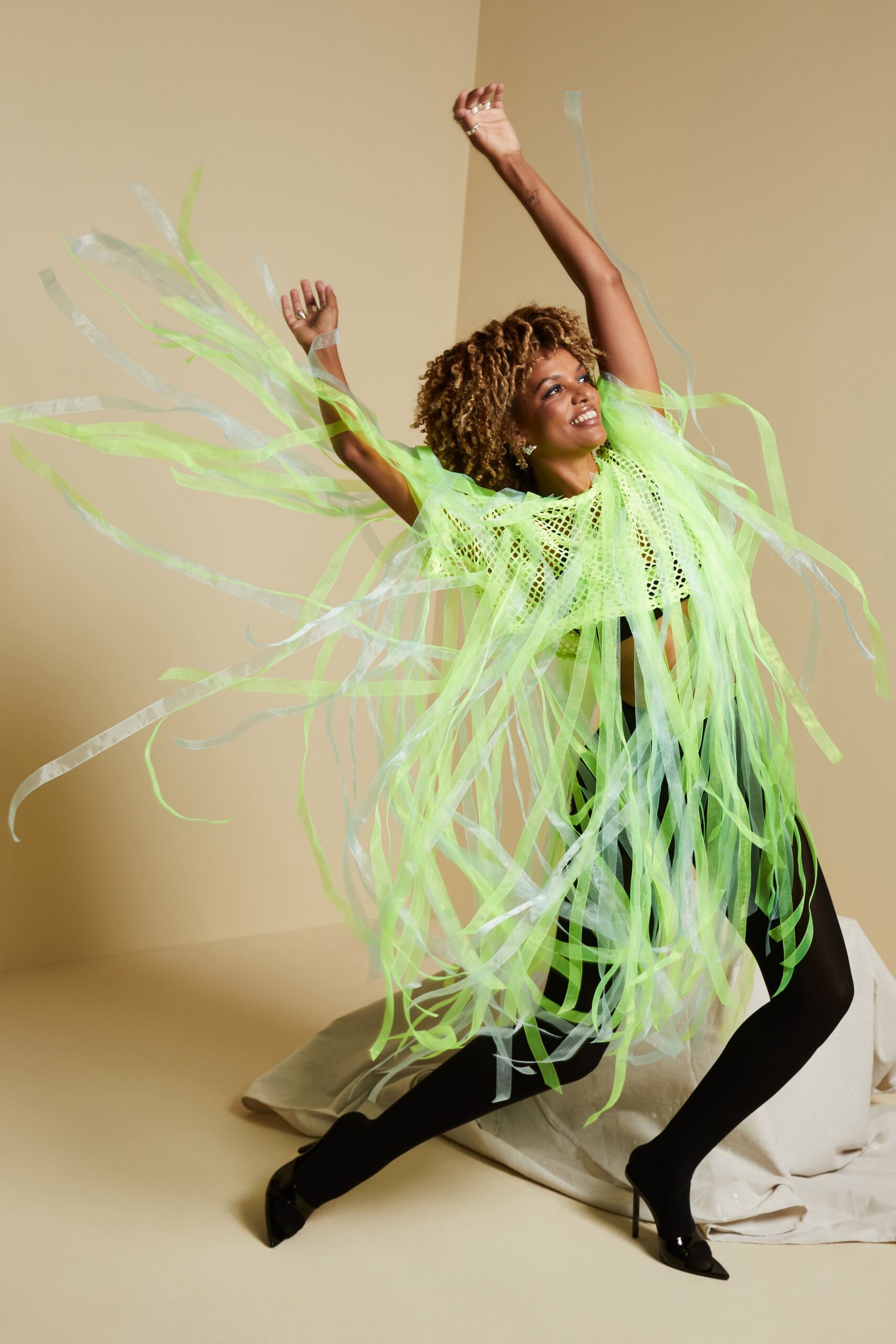 neon ribbon-fringe mesh dress