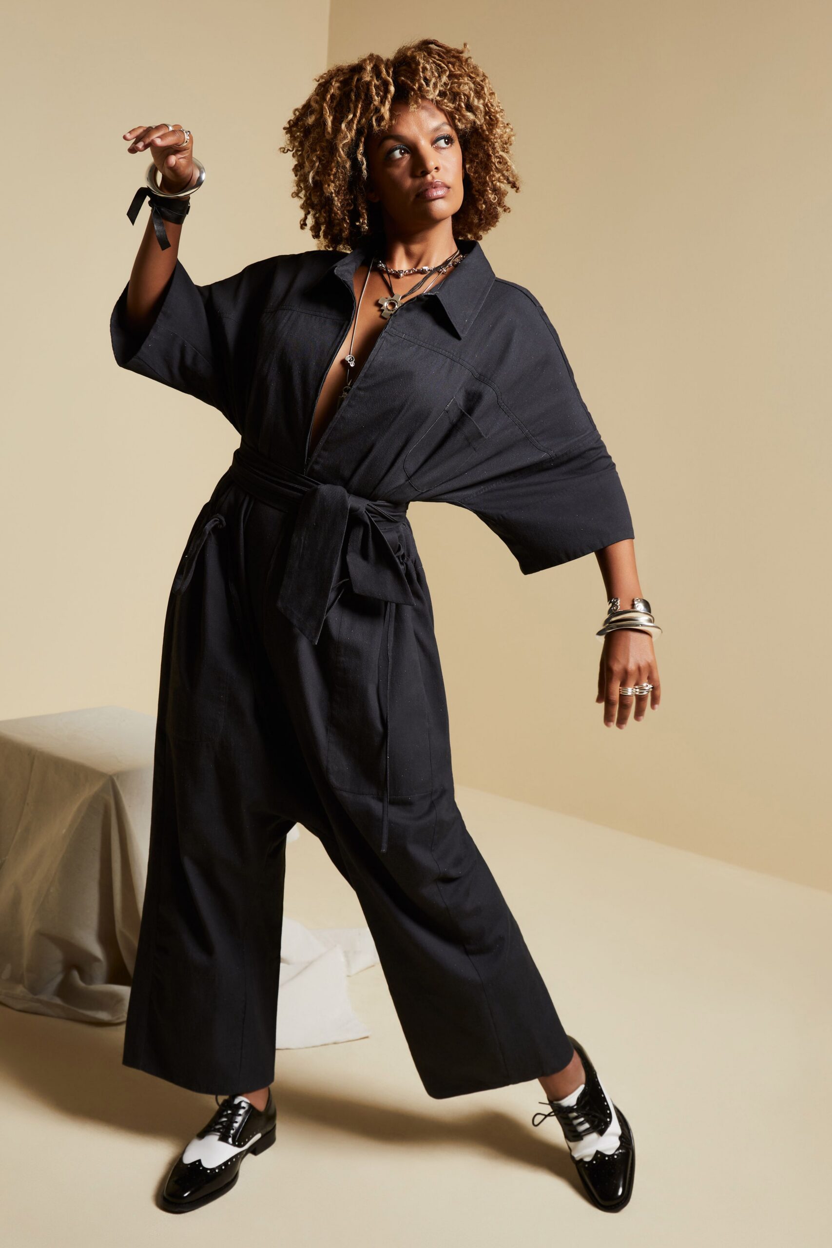black belted wide-leg jumpsuit