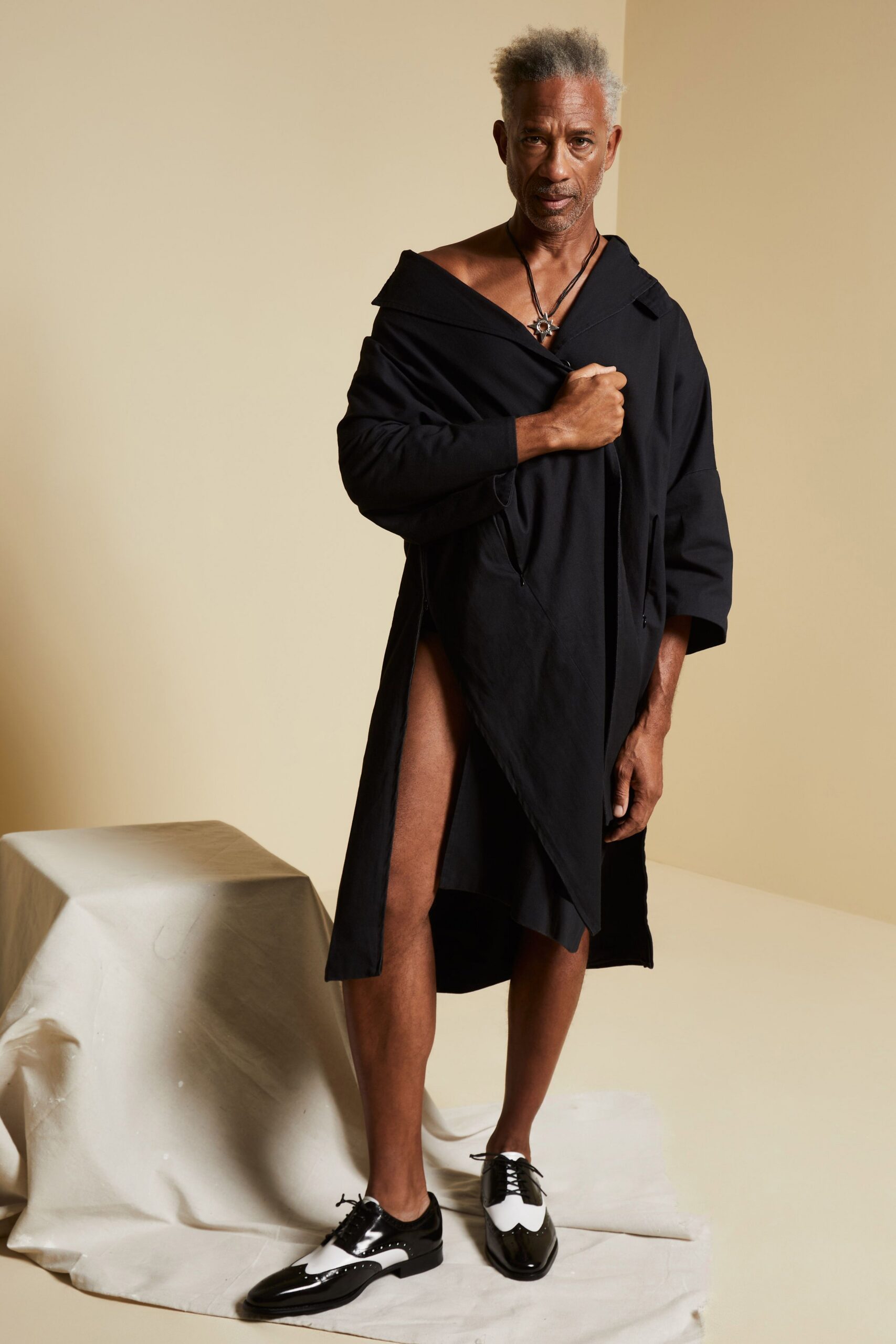 black draped wrap coat