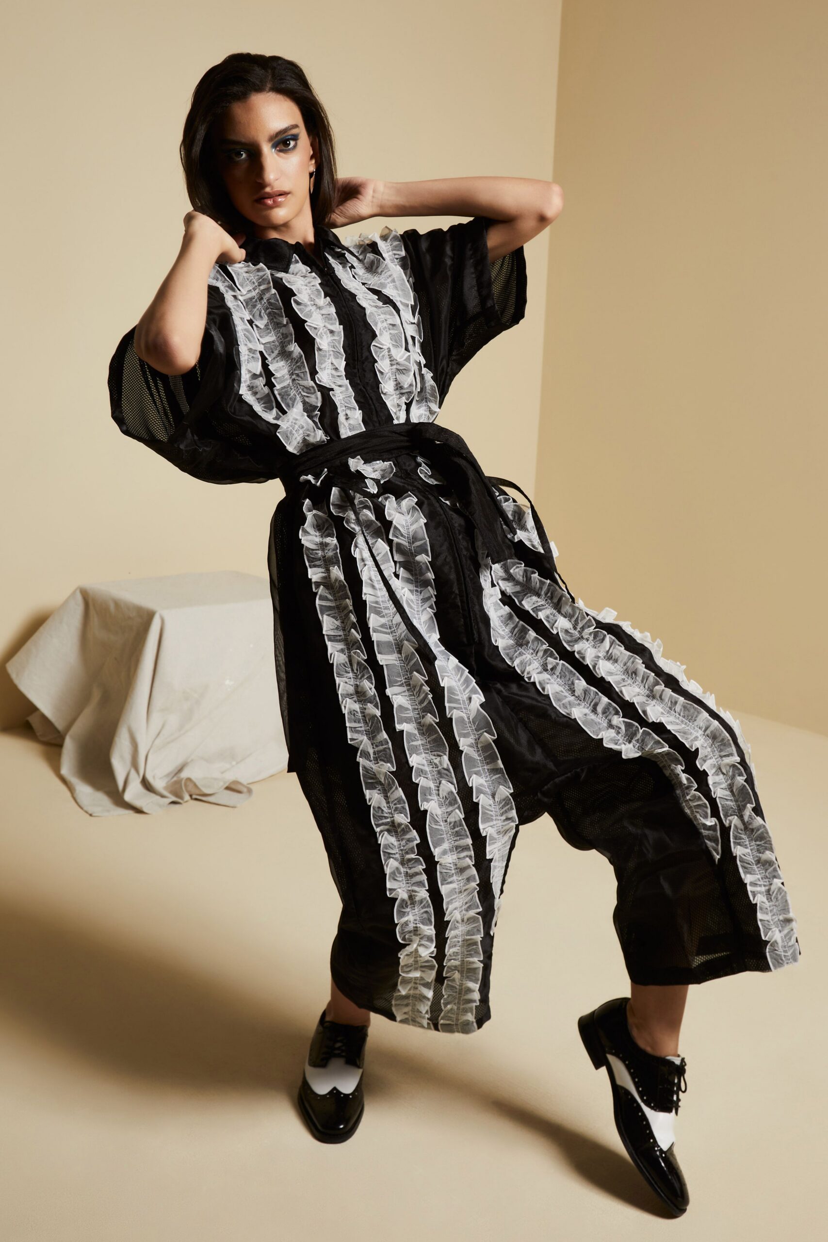 black mesh ruffle jumpsuit