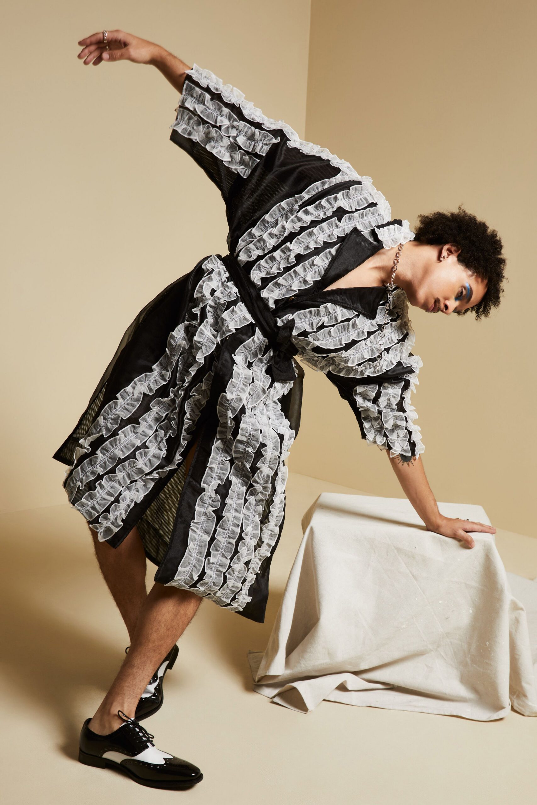 ruffled sheer black shirt dress