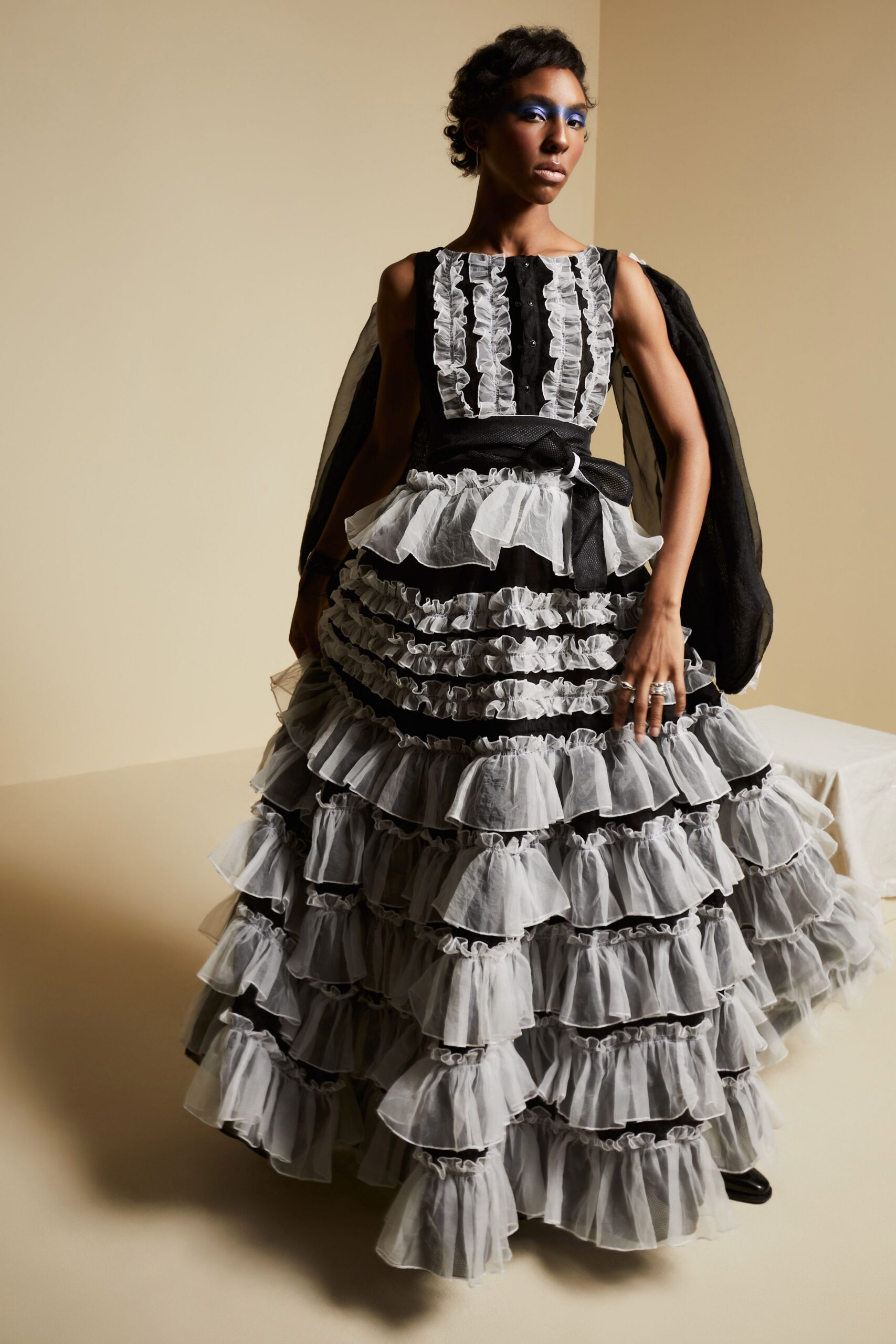 black and white ruffled organza gown