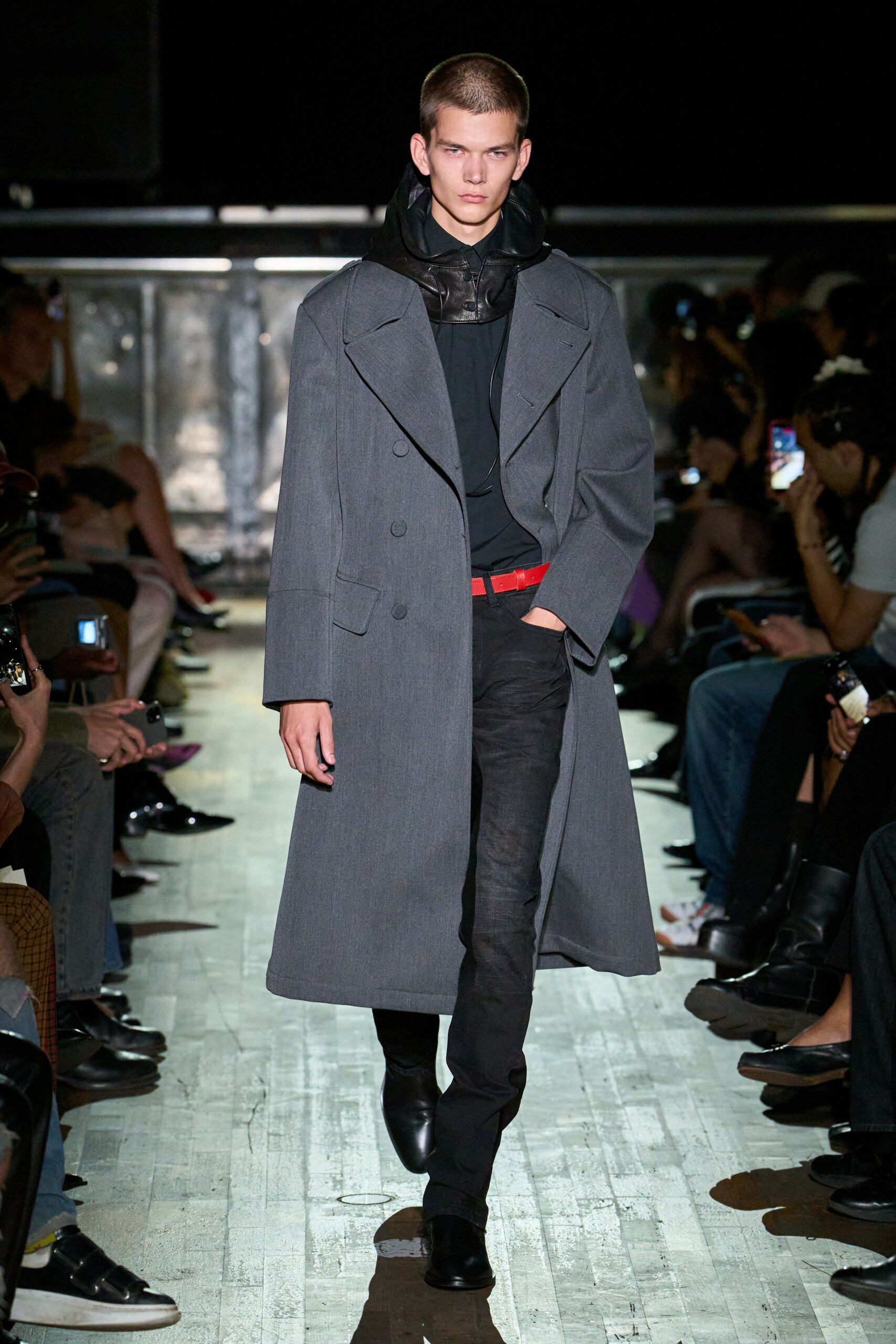 oversized gray double-breasted overcoat
