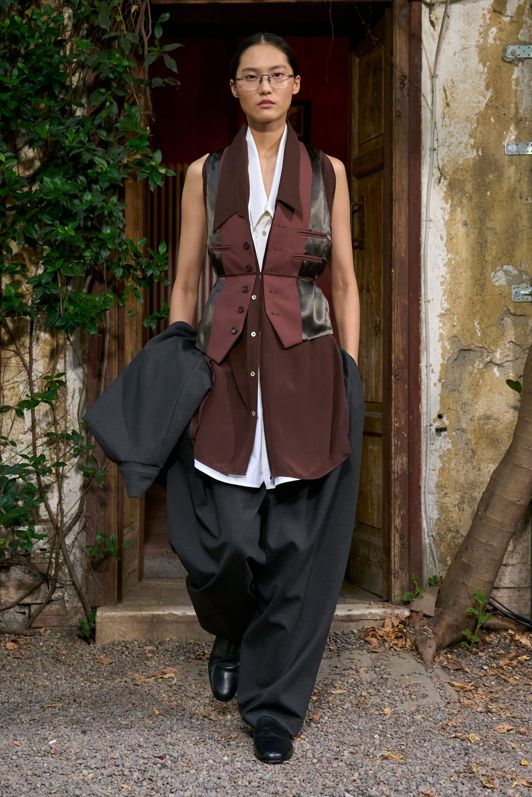 longline belted satin-panel waistcoat