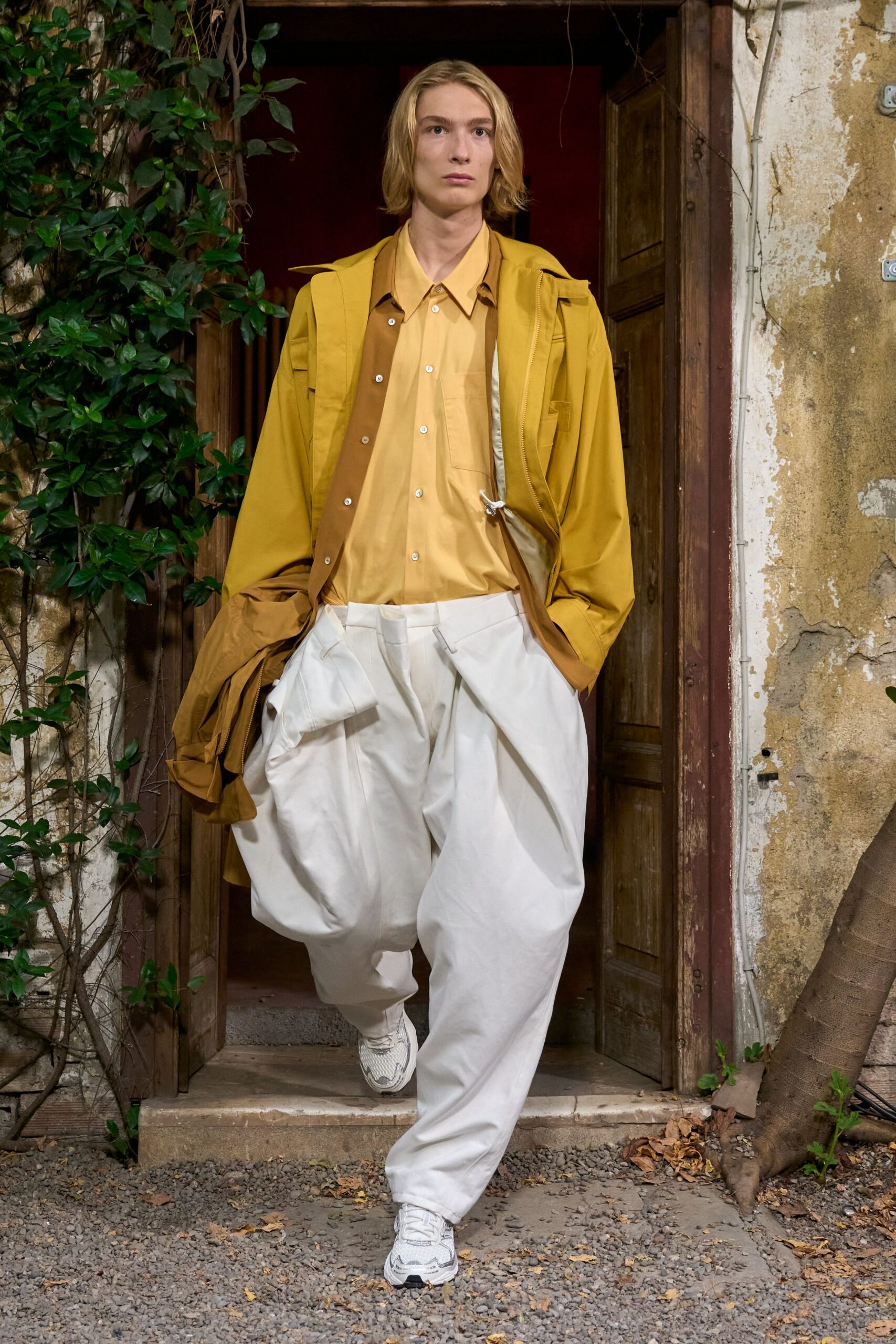 oversized white drop-crotch trousers