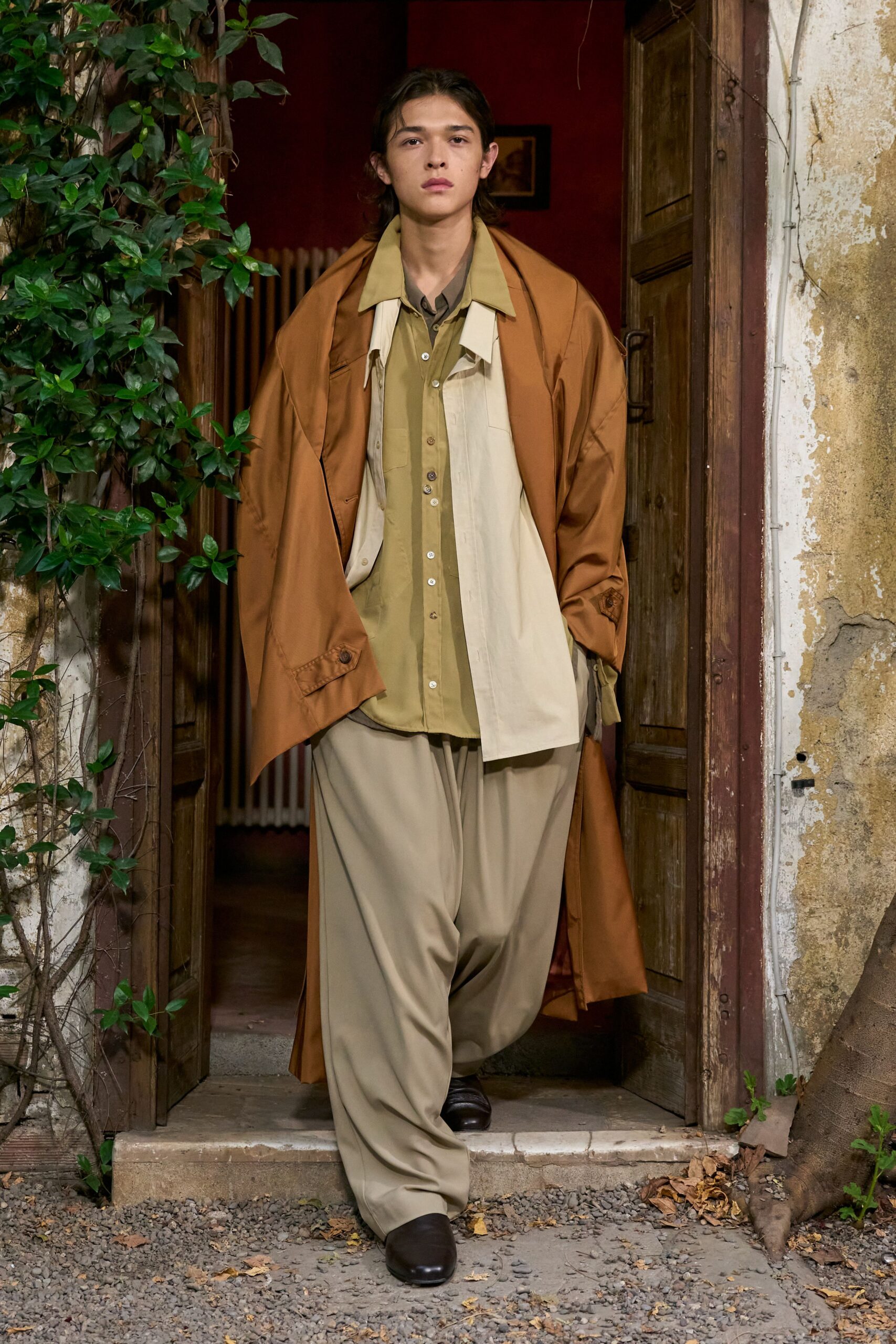 brown draped maxi coat