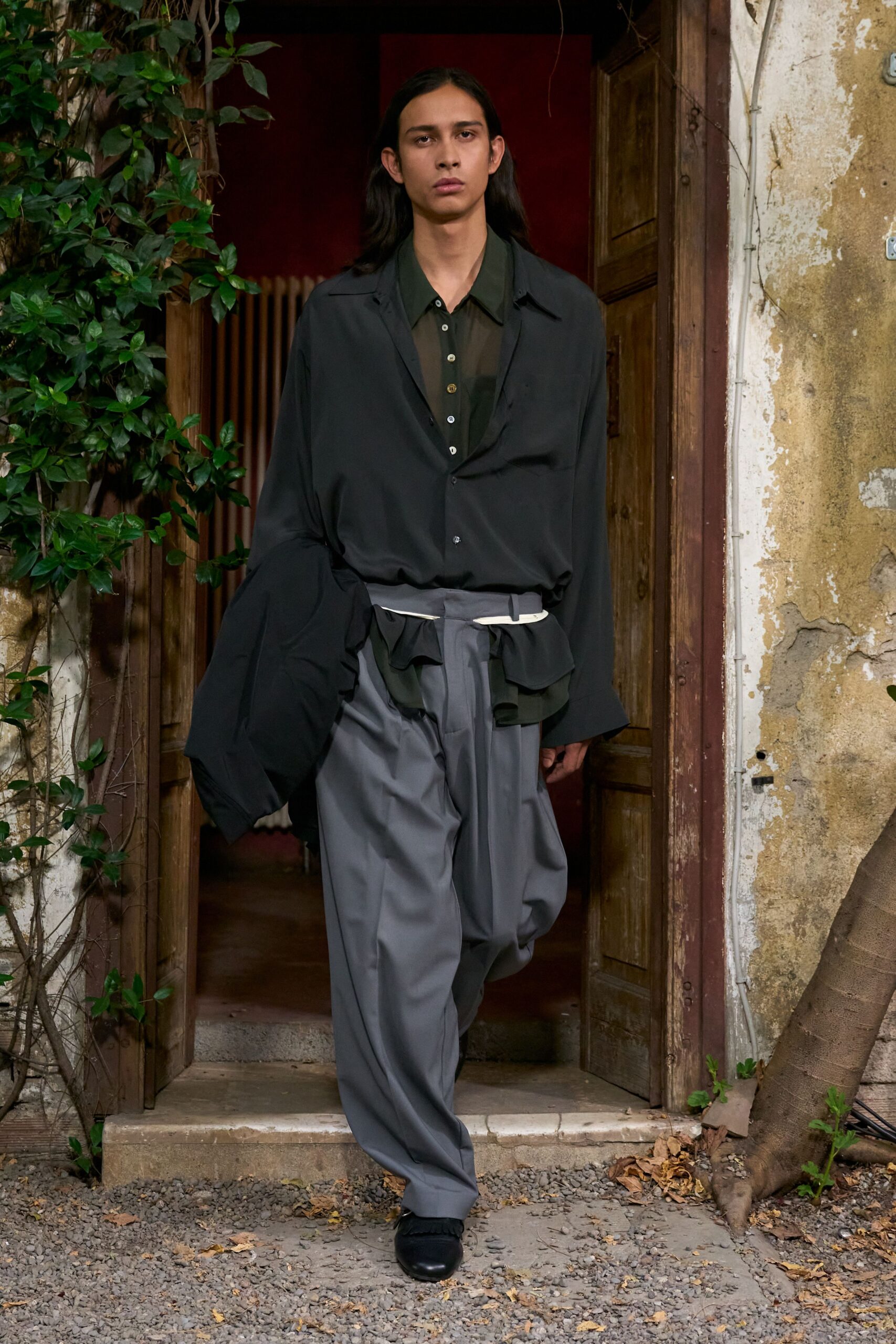 sheer olive button-front shirt