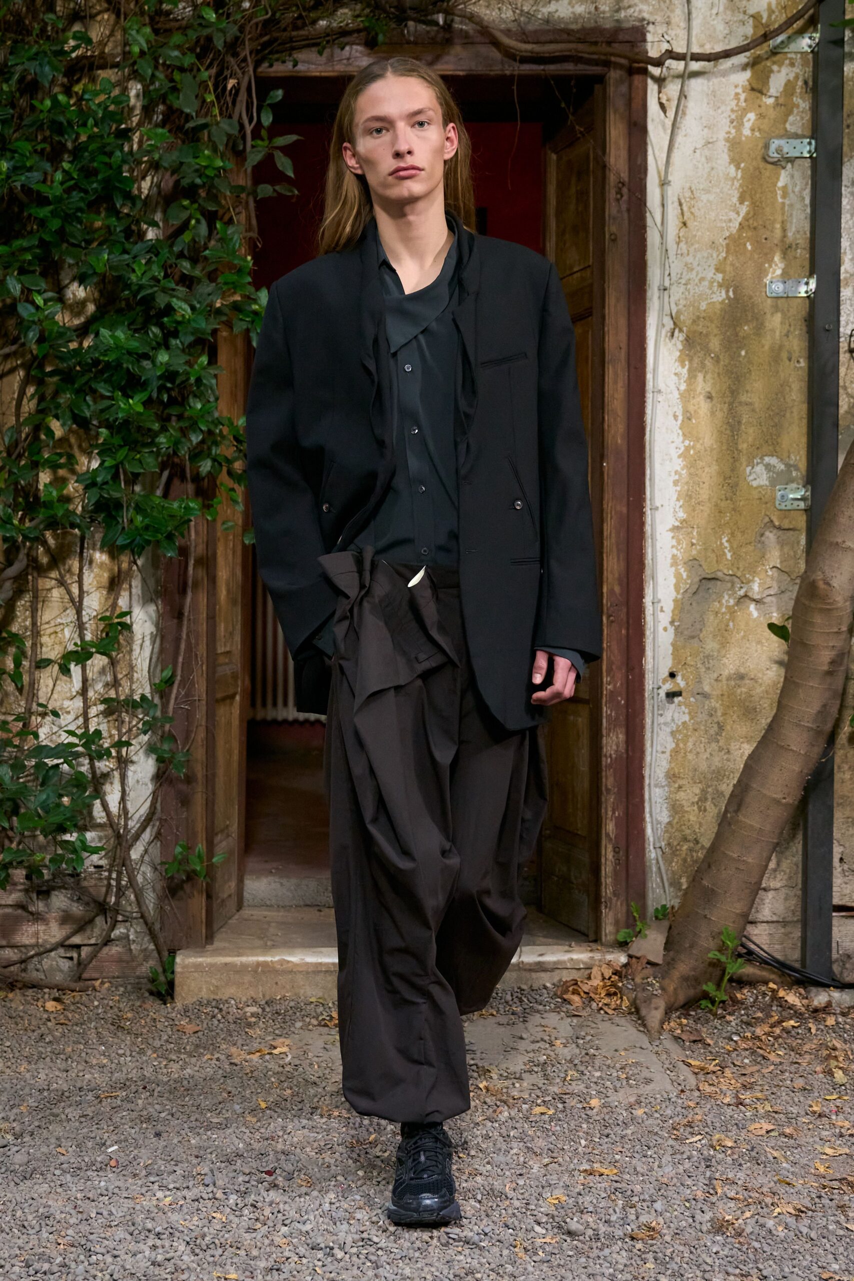 black scarf-neck shirt