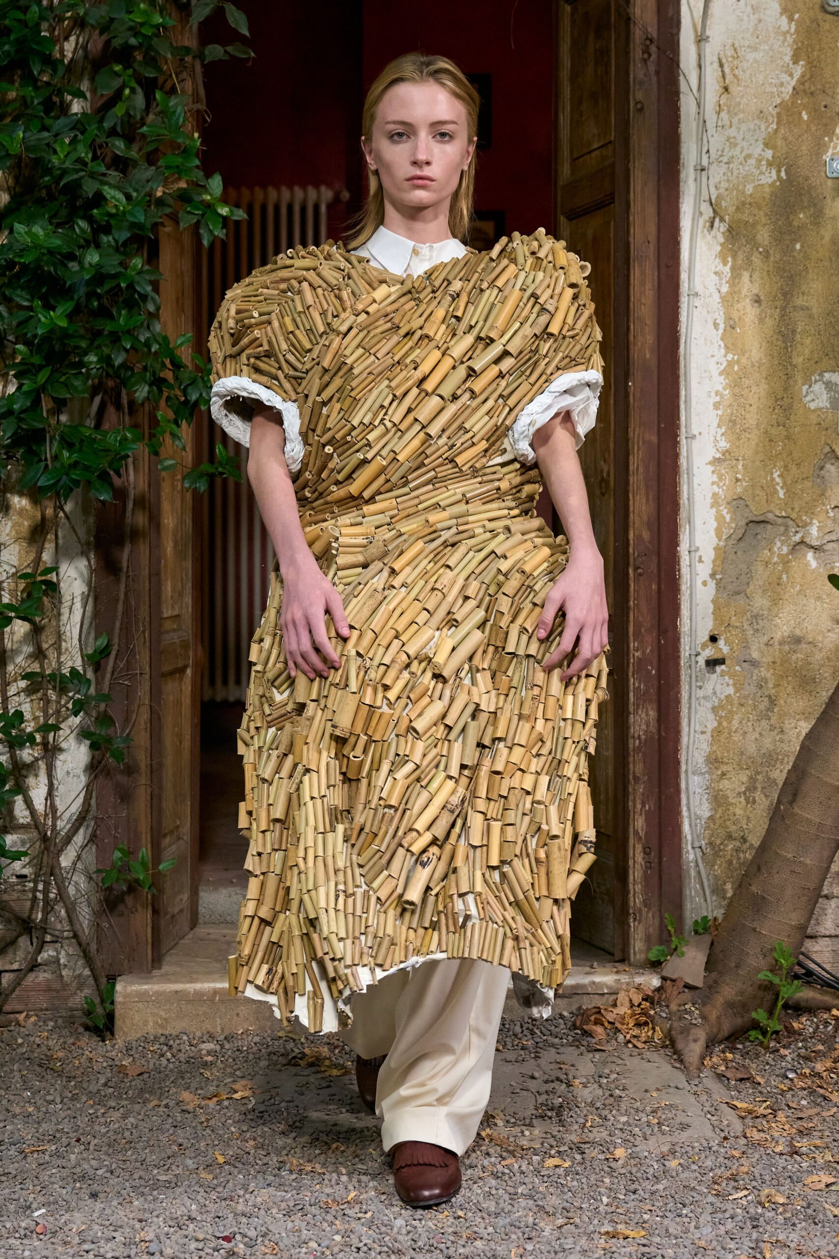 reed-covered sculptural midi dress