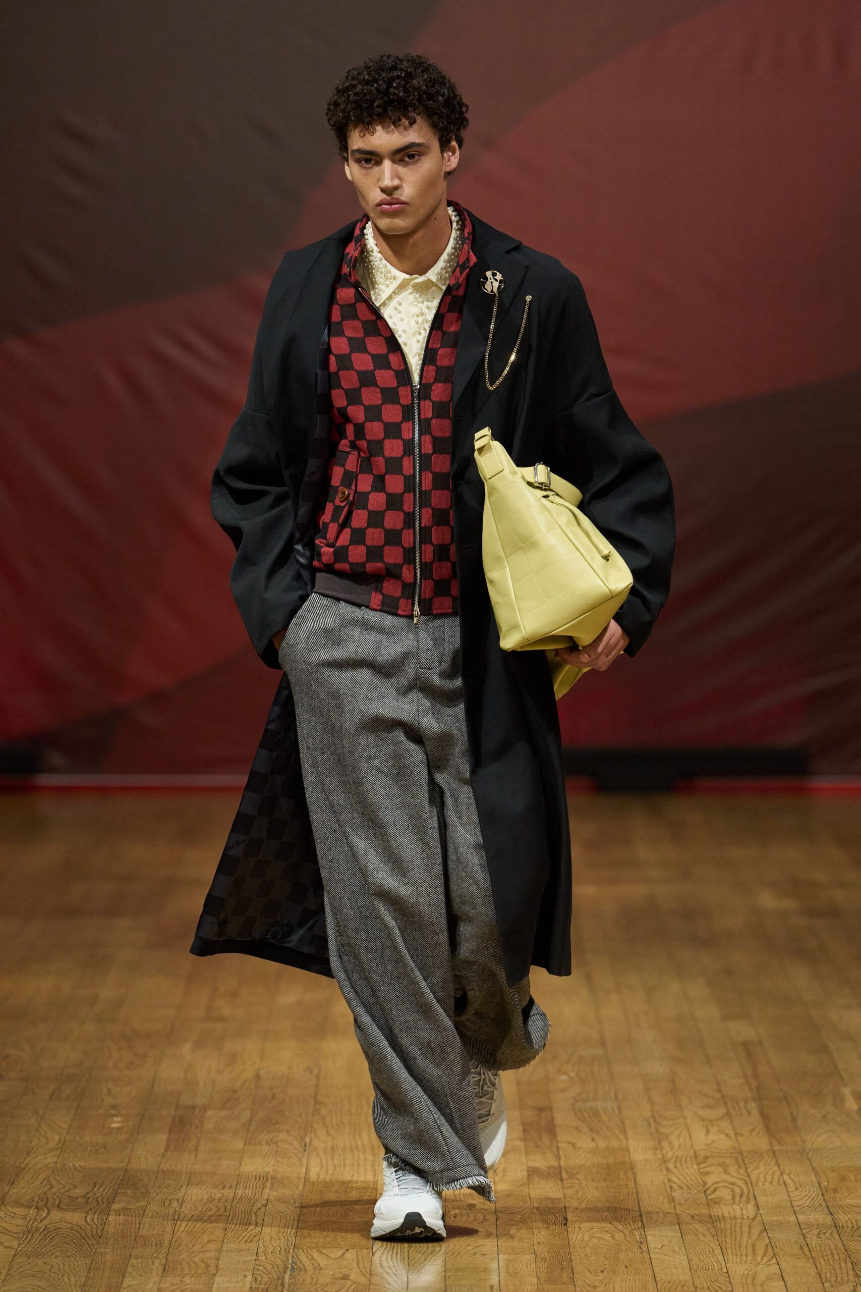 red checkerboard zip-front knit jacket