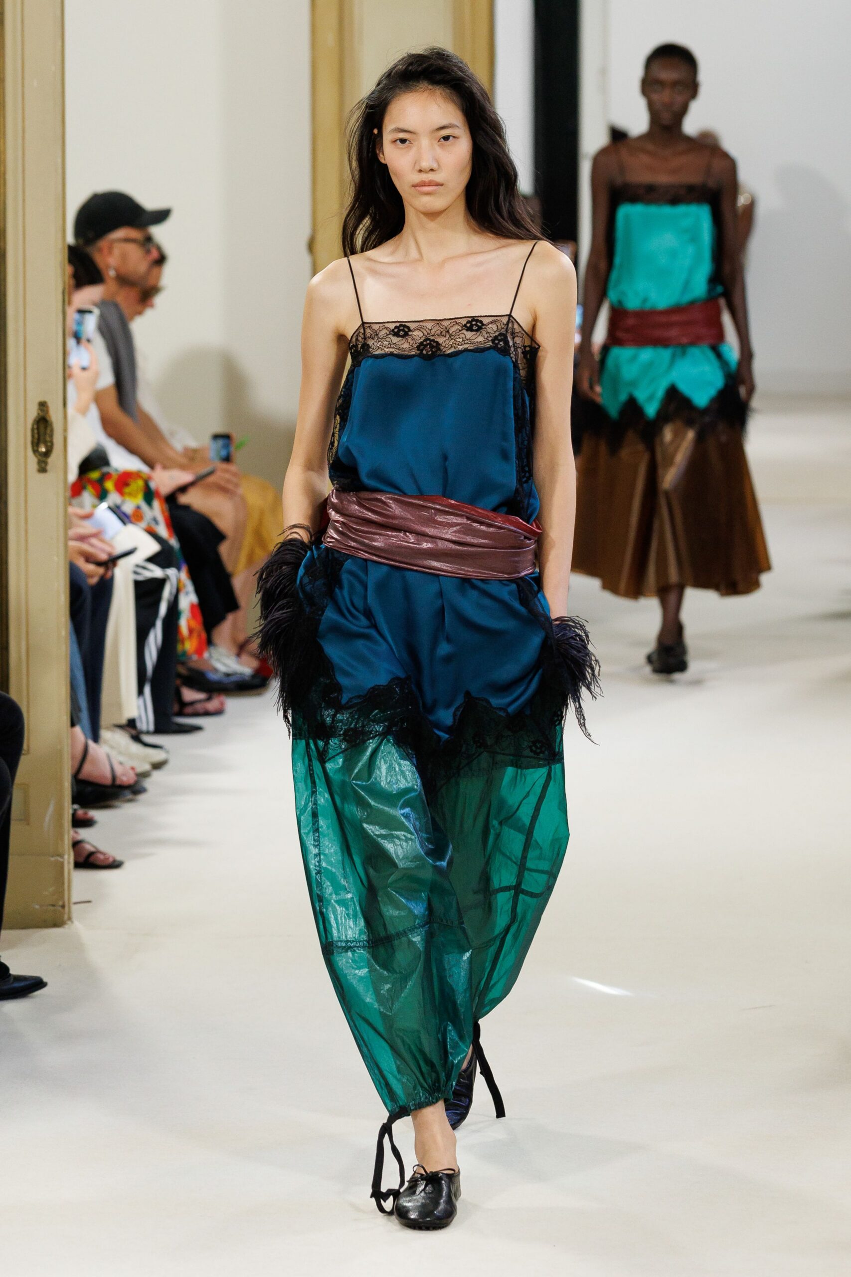 lace-trim color-blocked satin jumpsuit