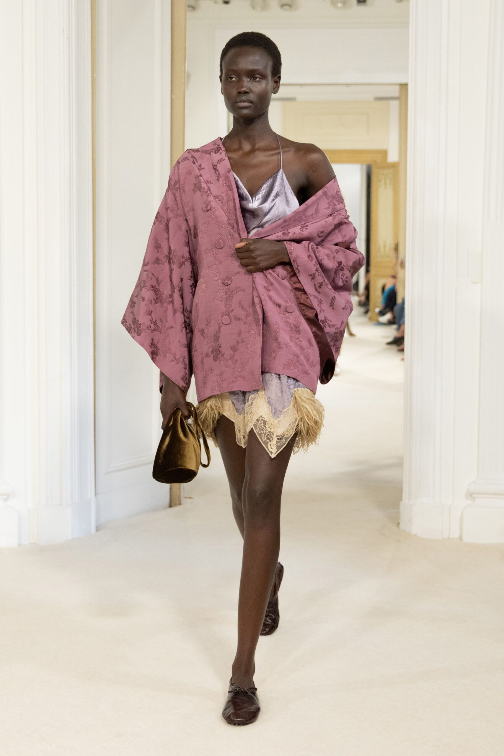 lavender slip dress with feather hem