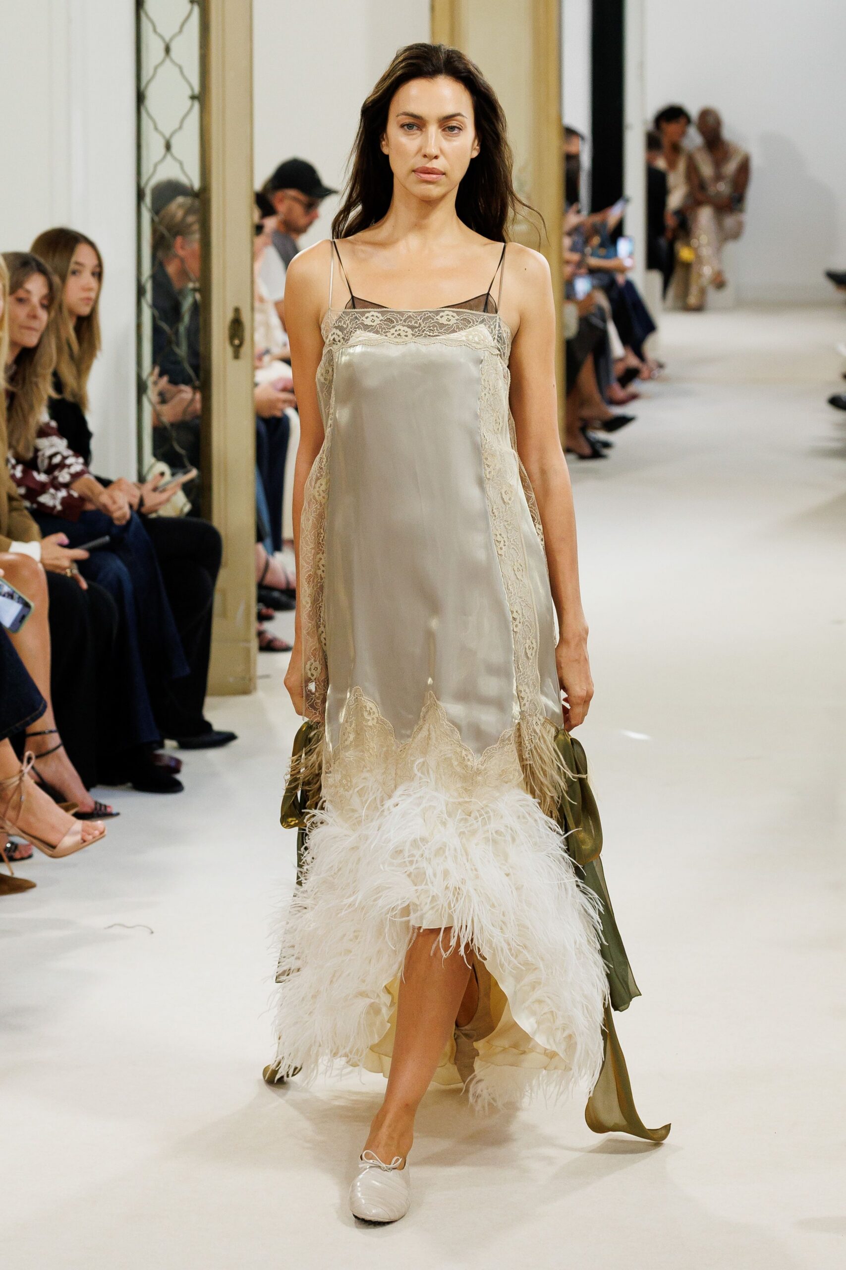ivory satin spaghetti-strap scoop-neck feathered layered maxi-dress